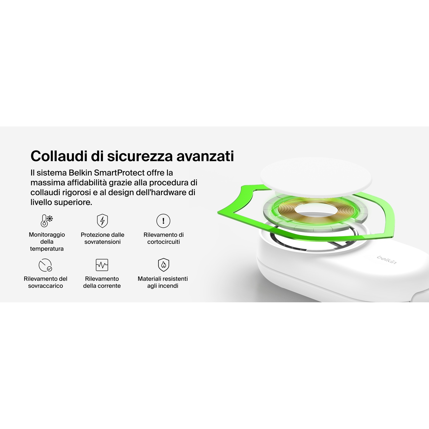 Belkin SmartProtect con test di sicurezza avanzati, design a bobina e icone.