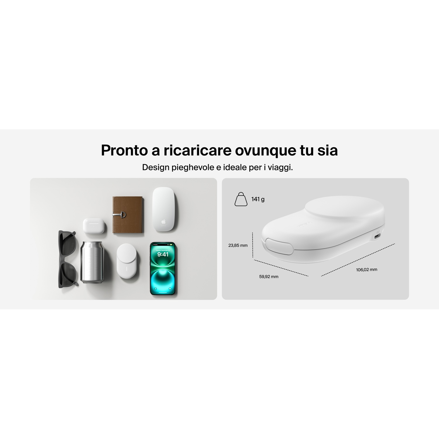 Accessori da viaggio bianchi: occhiali, lattina, caricatore, AirPods, mouse, telefono.