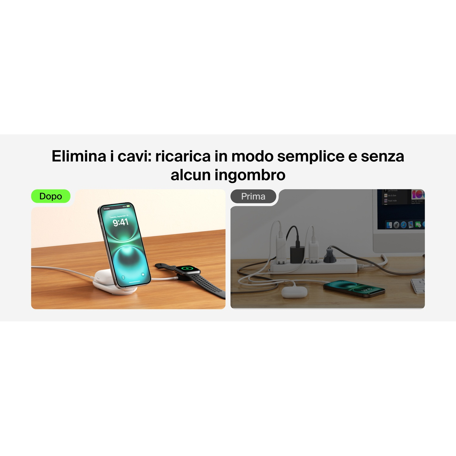 Ricarica wireless: iPhone e orologio su caricatore bianco. Disordine cavi a lato.