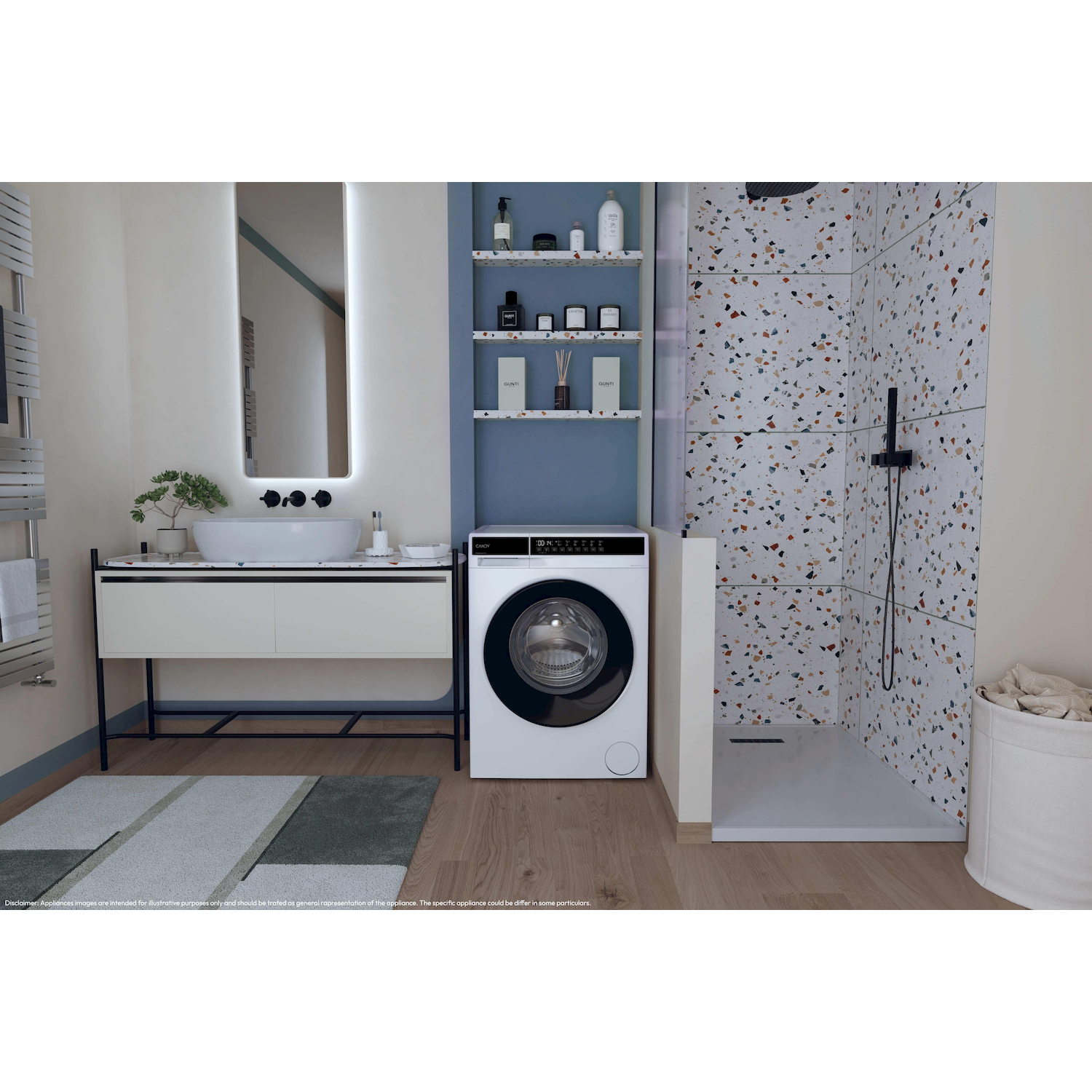 Bagno moderno con lavatrice, doccia e lavandino.