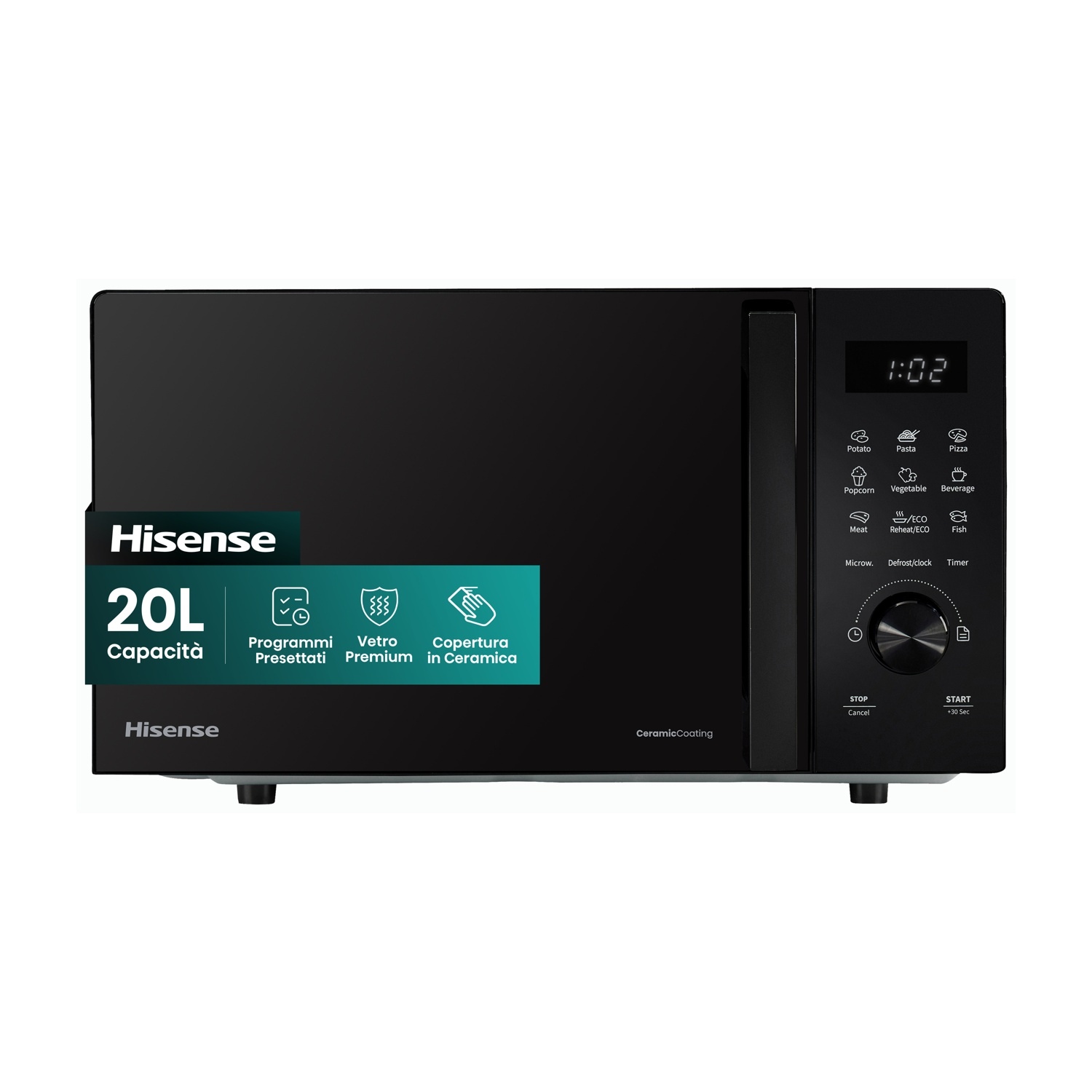 Forno a microonde Hisense nero con display digitale e pulsanti.