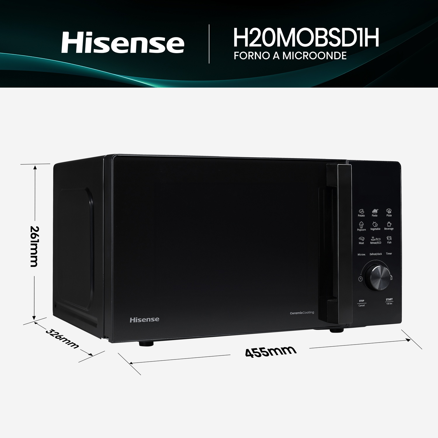 Forno a microonde Hisense nero con dimensioni e pannello comandi.