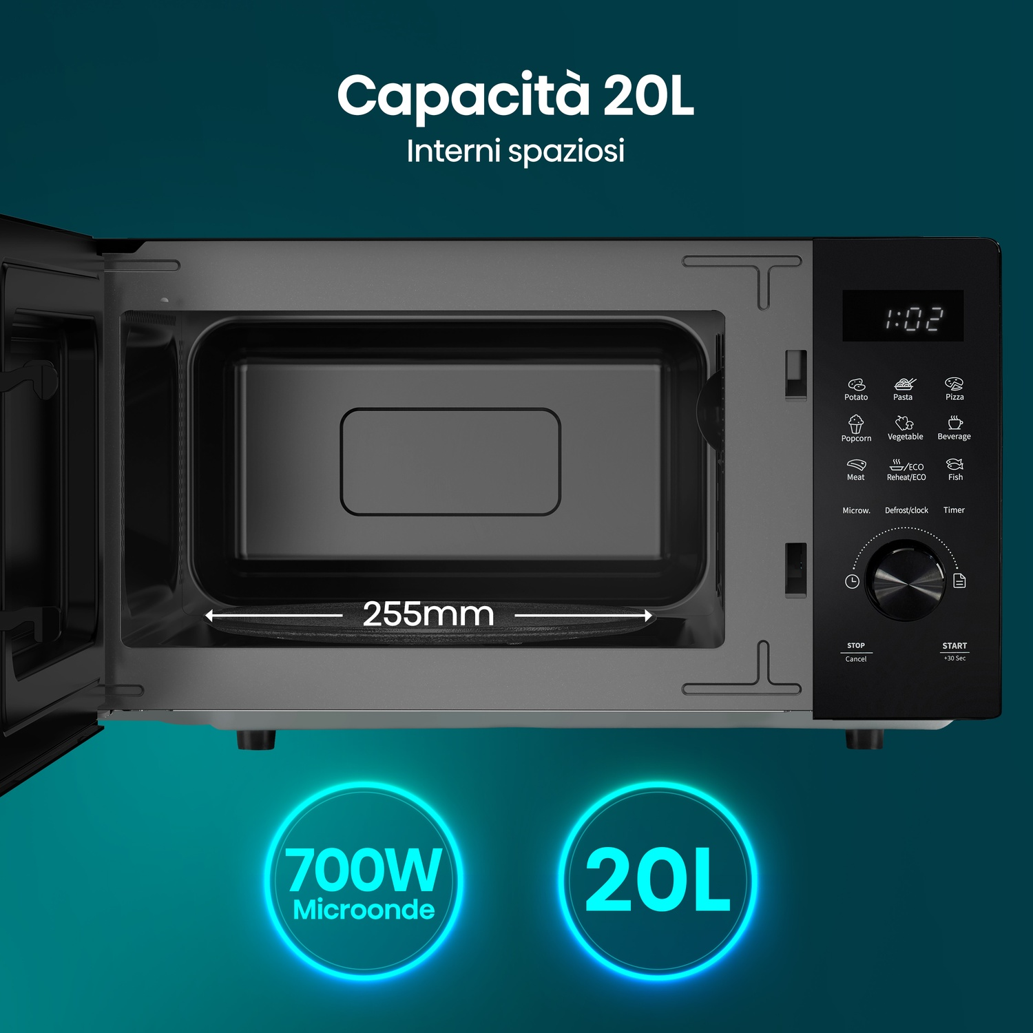 Microonde aperto con interno 255mm, 700W, capacità 20L, controlli digitali.