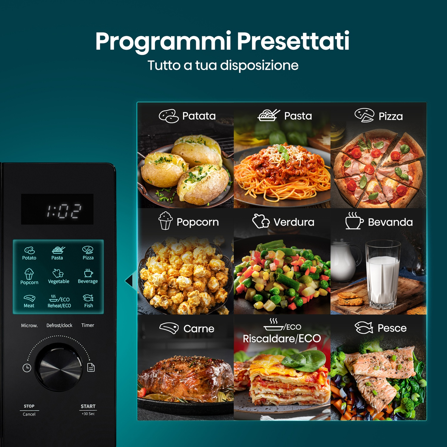 Microonde con programmi di cottura preimpostati per patate, pasta, pizza, popcorn, verdure, bevande, carne, pesce e riscaldamento.