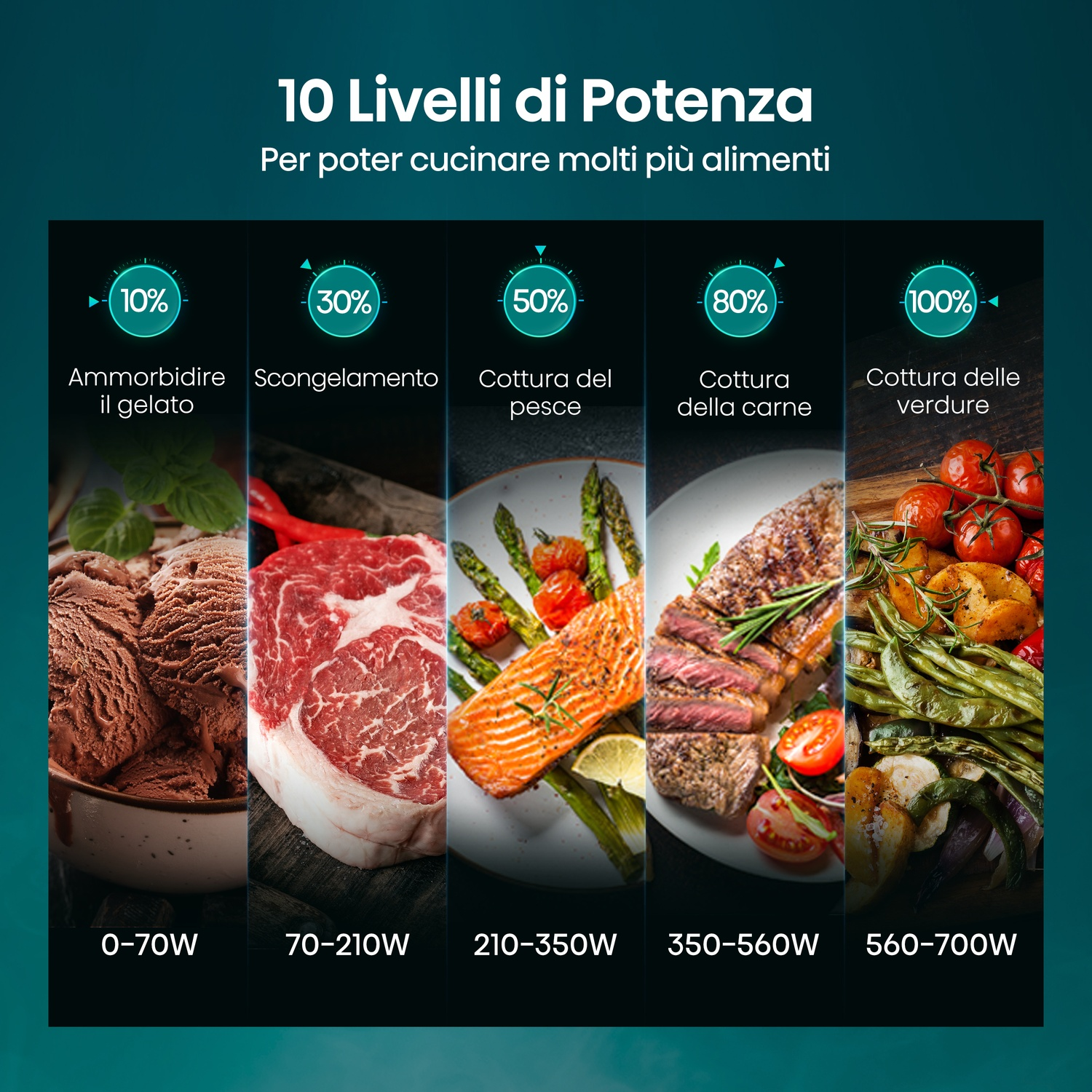 Cinque livelli di cottura: gelato, carne, pesce, bistecca e verdure con potenze.
