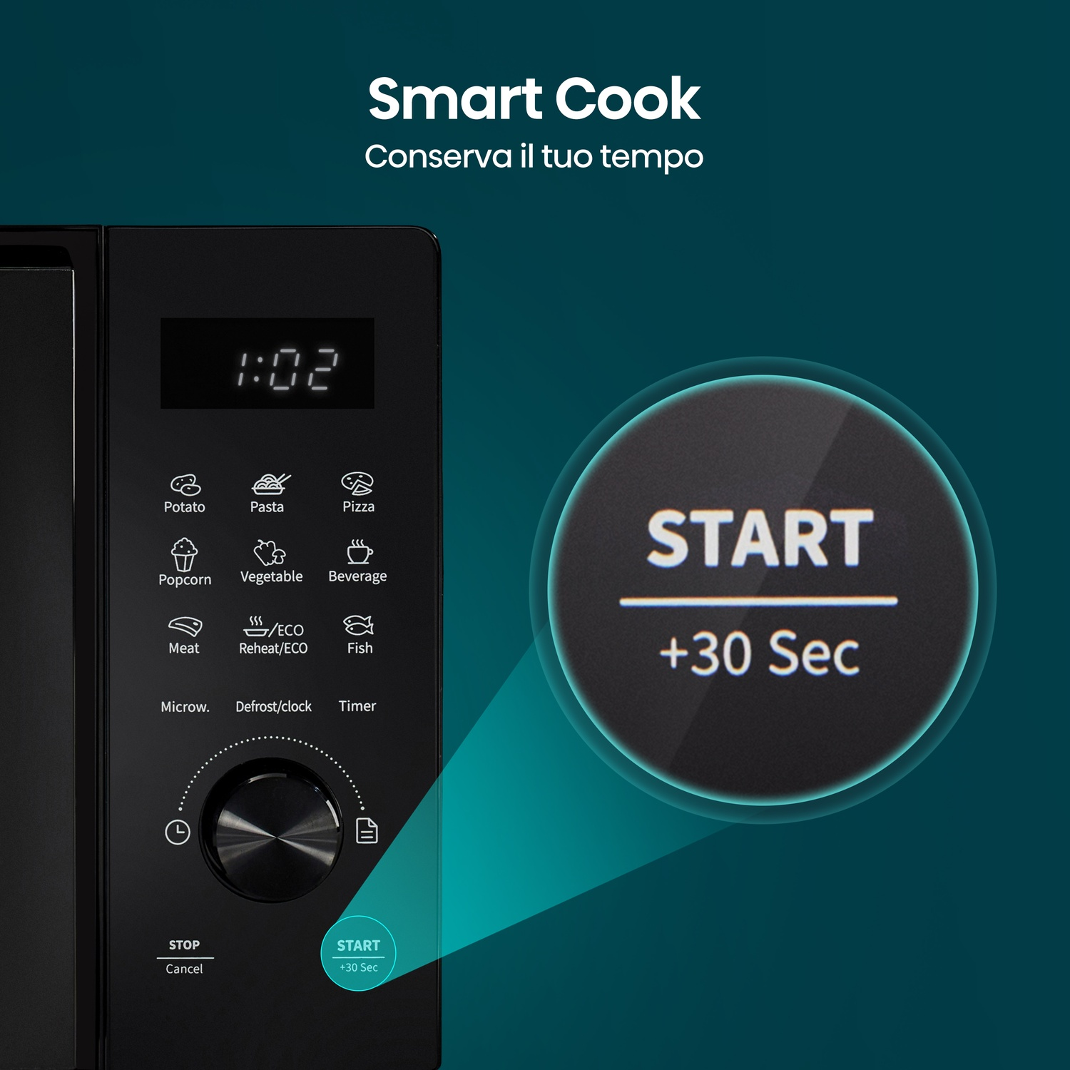 Forno a microonde nero con comandi digitali e grande pulsante START.