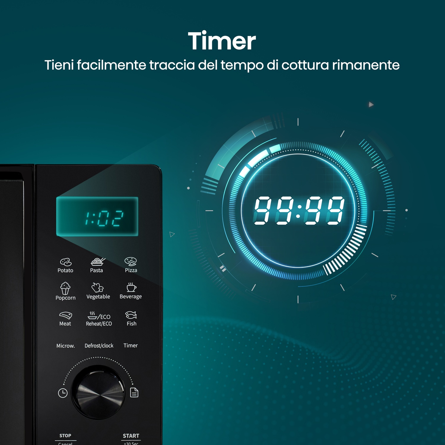 Display microonde nero mostra 1:02. Opzioni menu e grafica timer.
