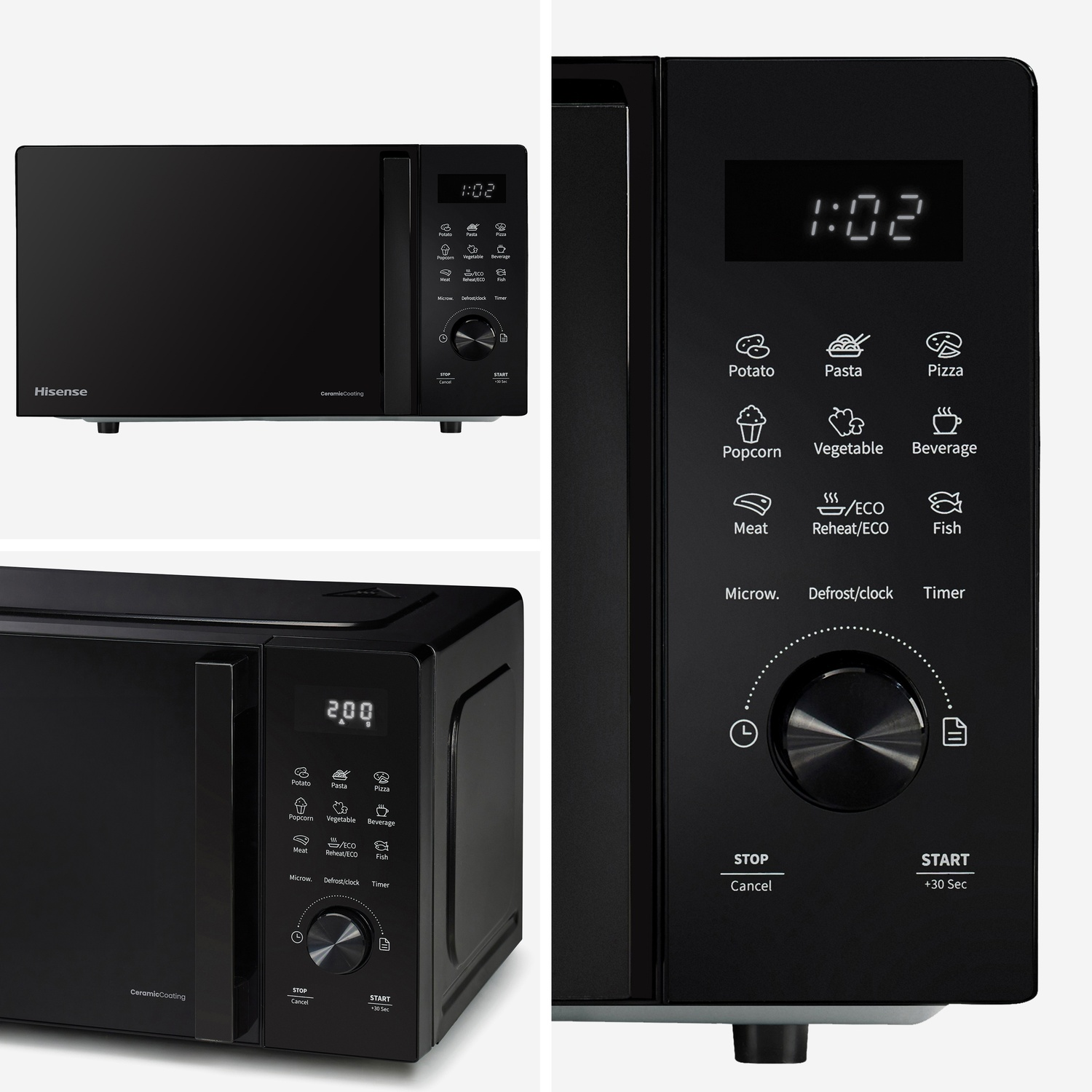 Forno a microonde nero Hisense con display digitale e pannello di controllo.