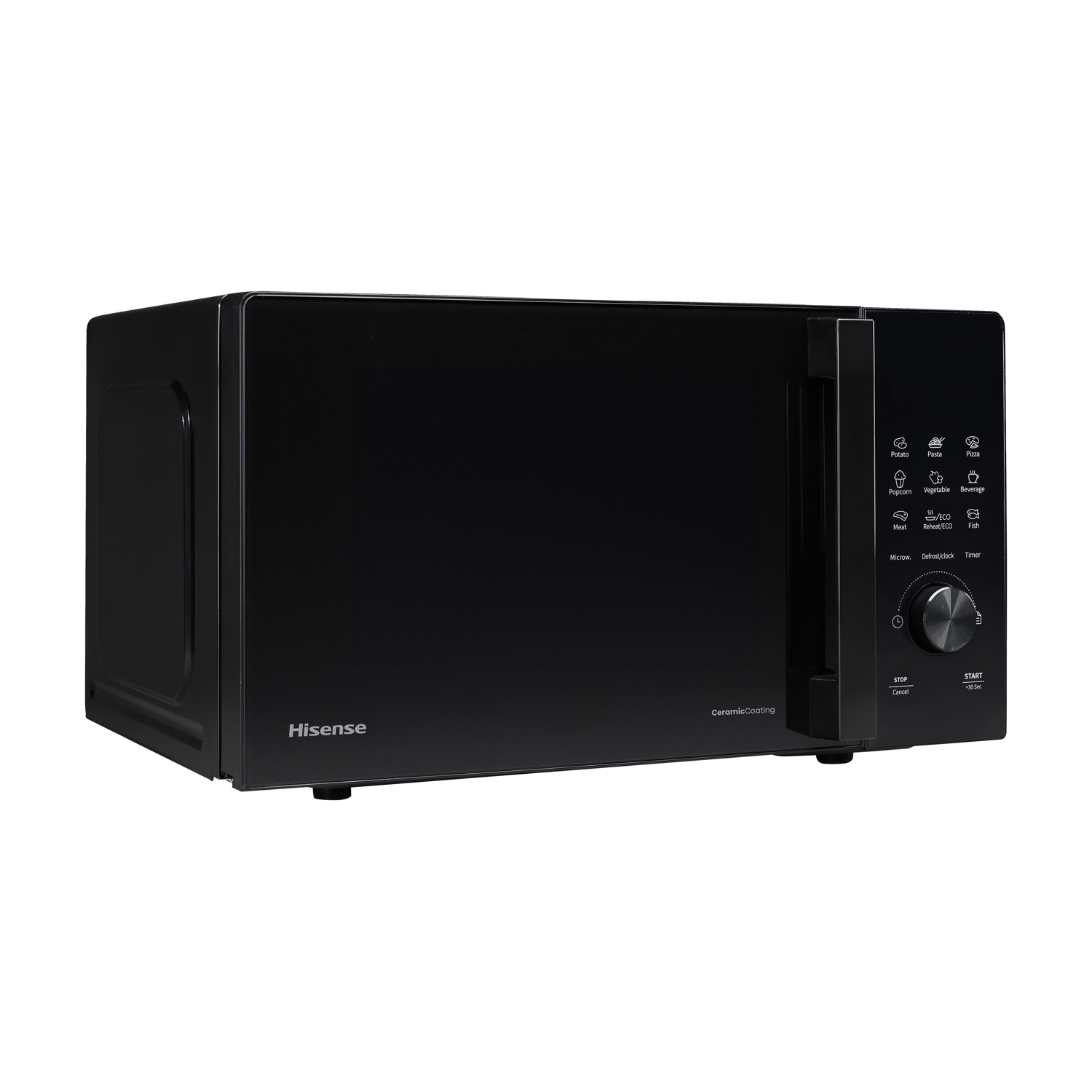 Forno a microonde nero Hisense con pannello di controllo e maniglia.