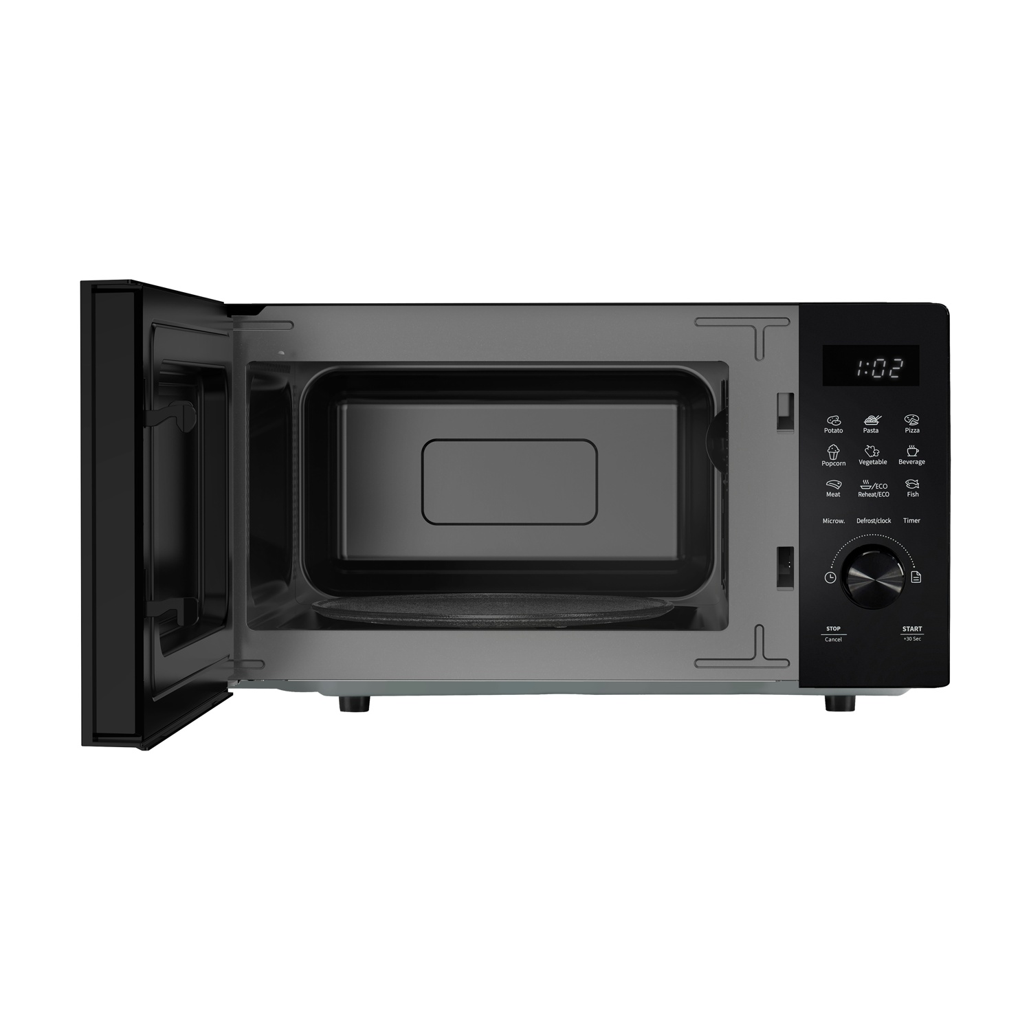 Un forno a microonde nero con porta aperta mostra l'interno e il pannello di controllo con display digitale.