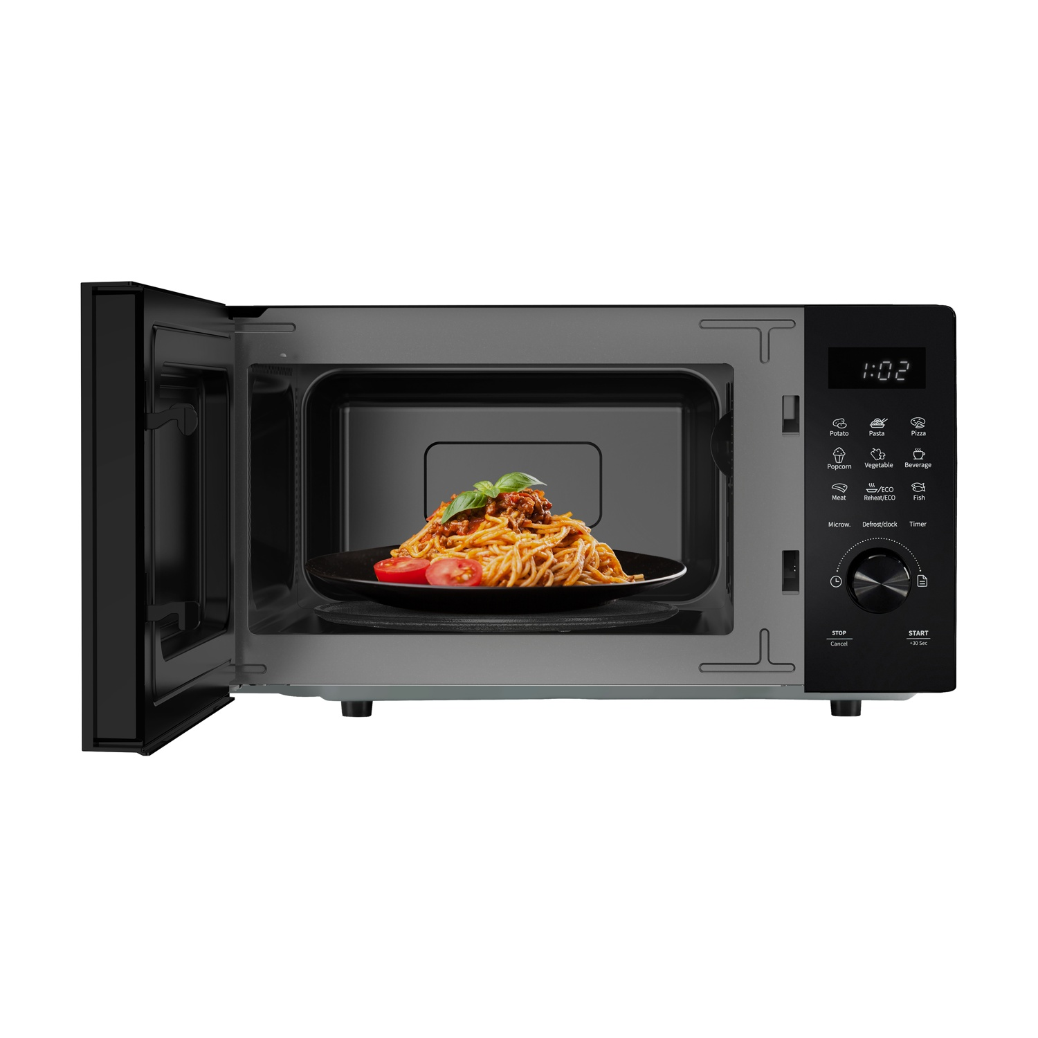 Un microonde aperto con pasta e pomodori in un piatto all'interno.