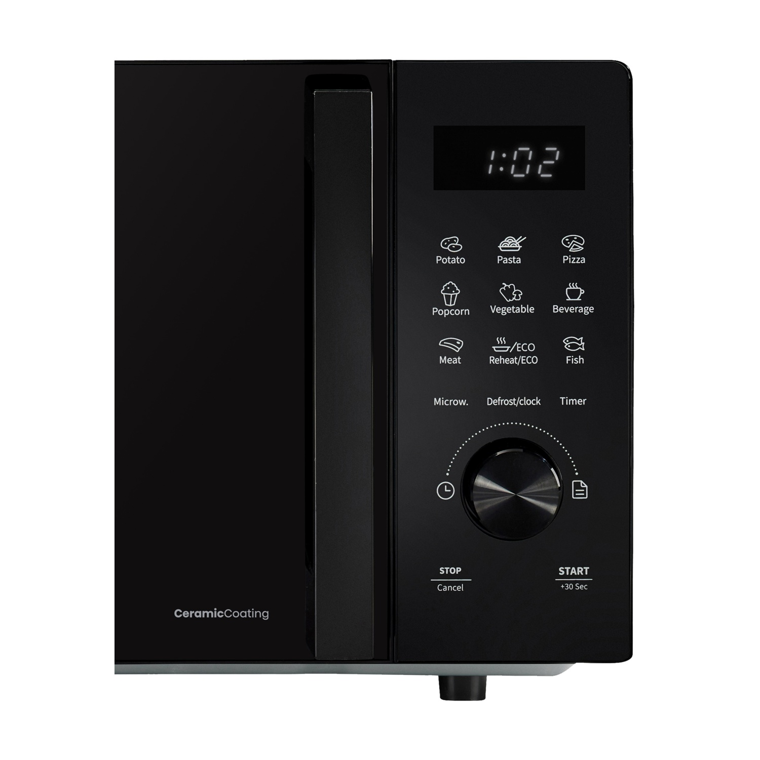 Forno a microonde nero con controlli digitali e display che mostra 1:02. Rivestimento ceramico.