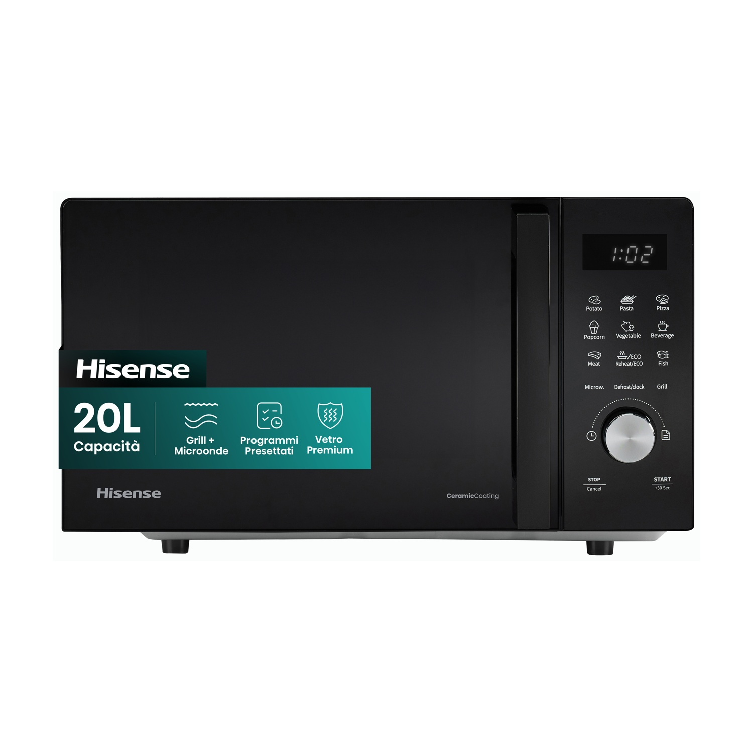 Microonde Hisense nero da 20L con display digitale che mostra 1:02, pannello comandi con preset.