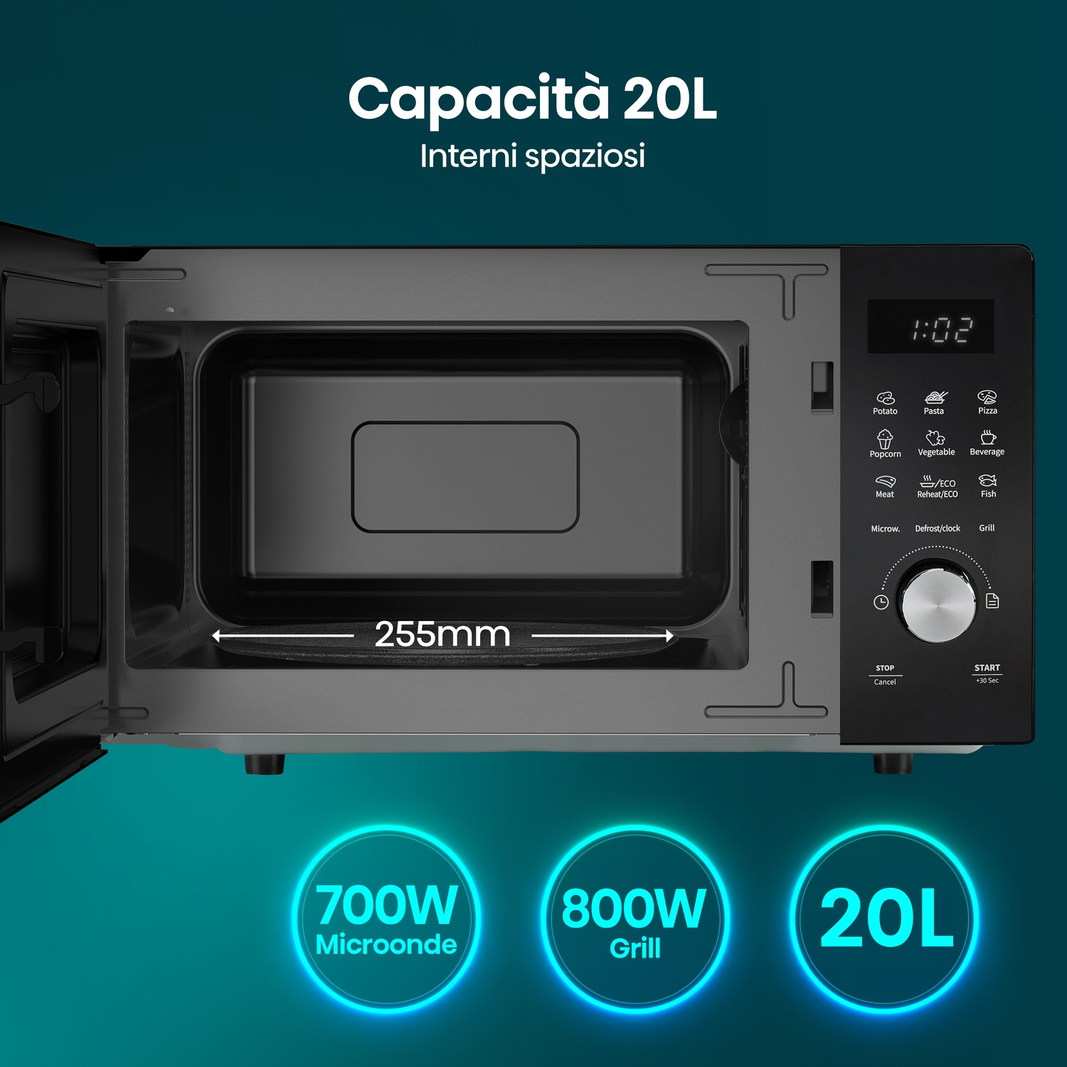 Un microonde nero aperto da 20L, 700W microonde, 800W grill.