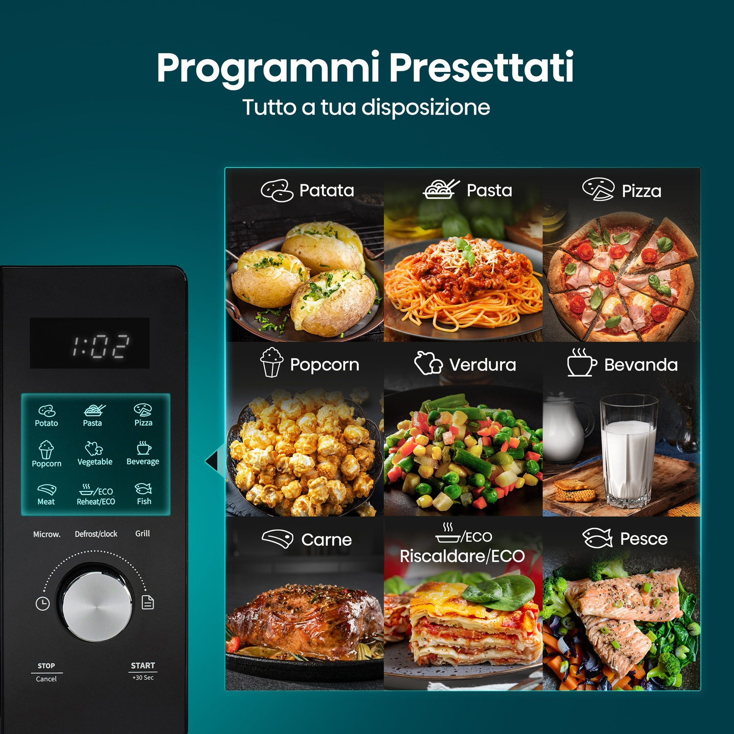 Display microonde mostra programmi preimpostati per Patata, Pasta, Pizza, Popcorn, Verdura, Bevanda, Carne, Riscaldare/Eco e Pesce.