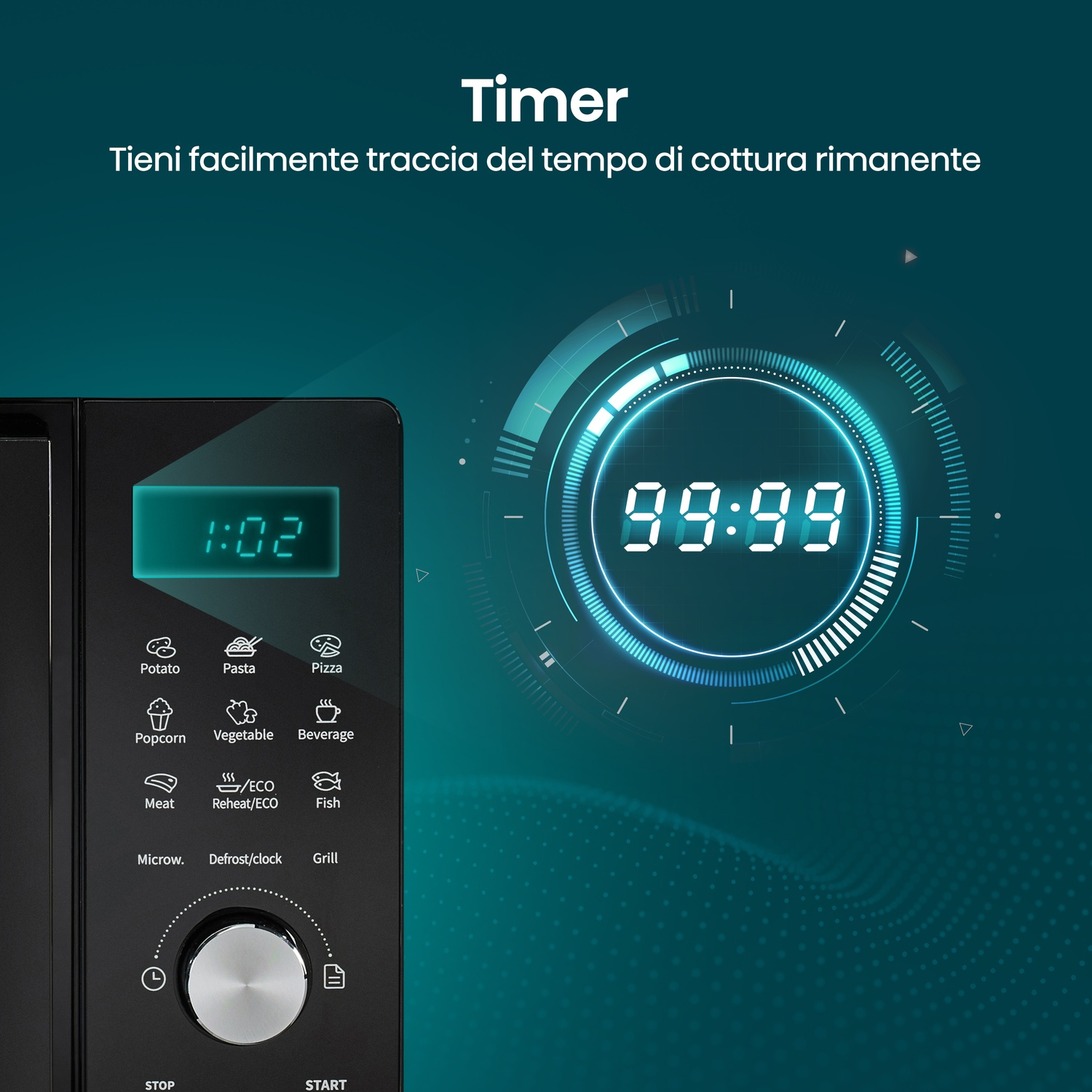 Pannello di controllo microonde nero con display digitale e opzioni menu.