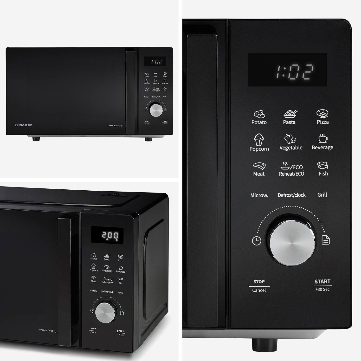 Forno a microonde Hisense nero con display digitale che mostra 1:02 e varie opzioni.
