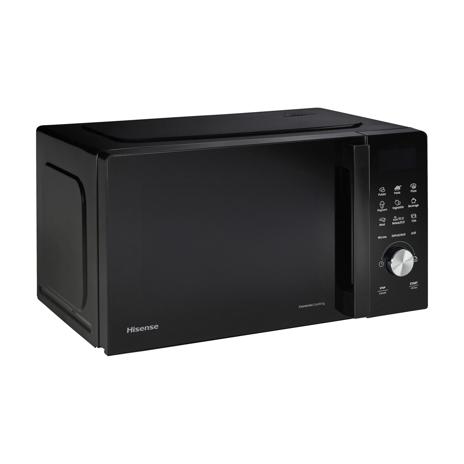 Viene mostrato un forno a microonde Hisense nero con display digitale e pannello di controllo.