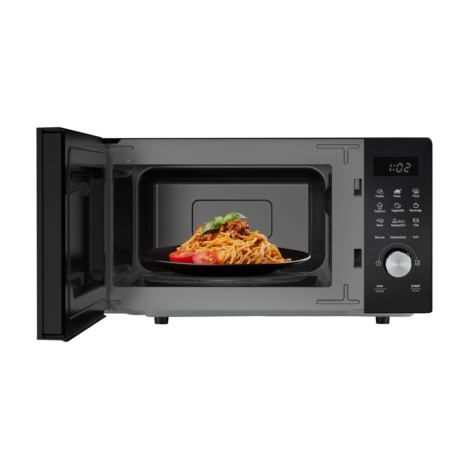 Un forno a microonde aperto che mostra spaghetti con pomodori e basilico su un piatto.