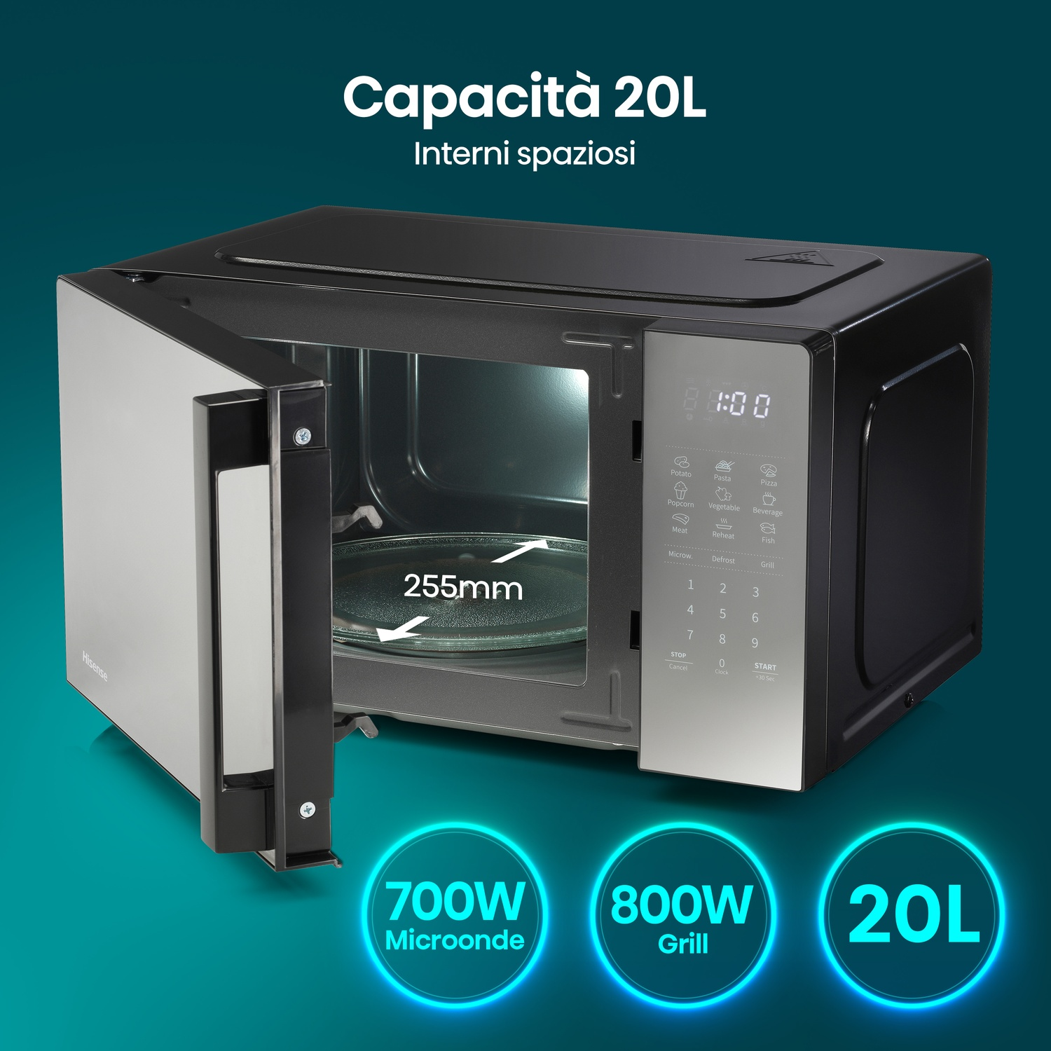 Microonde argento con porta aperta, 700W, Grill 800W, capacità 20L.