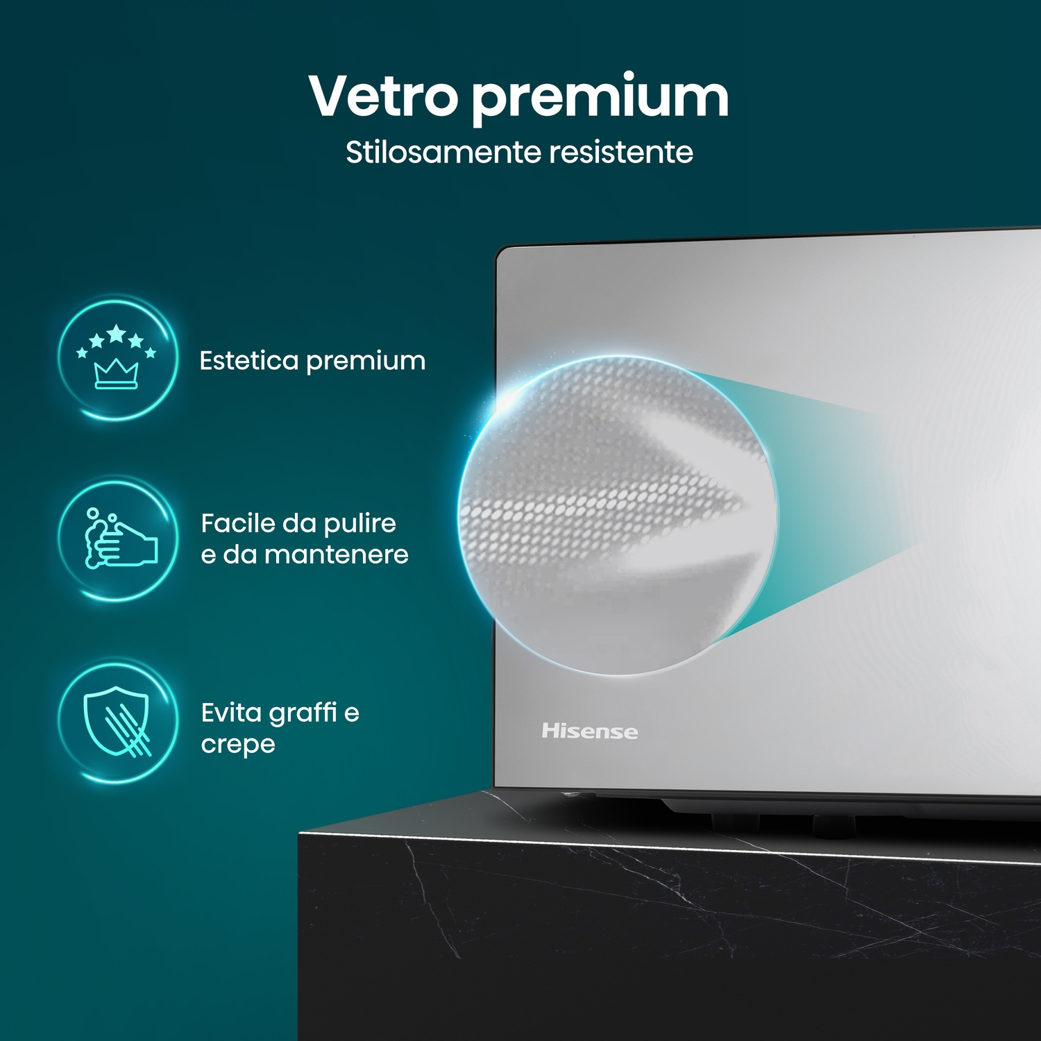 Un elettrodomestico Hisense con vetro premium, stiloso e resistente. Facile da pulire.