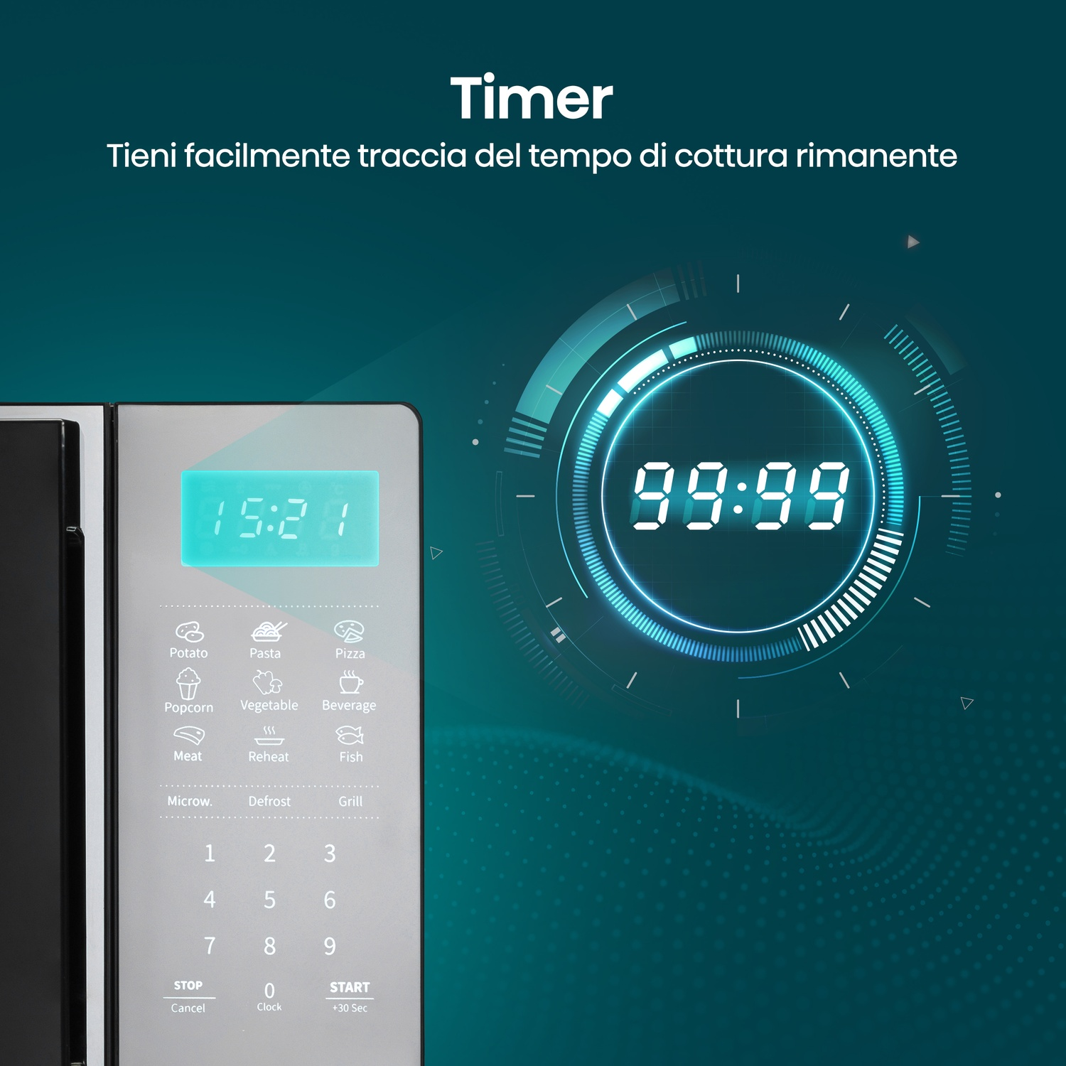 Timer digitale sul pannello del microonde con programmi di cottura.