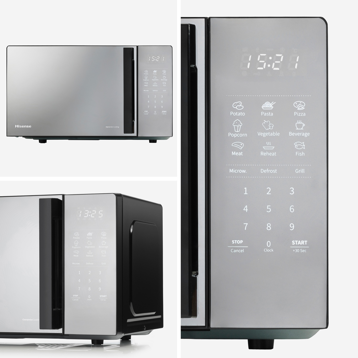 Un microonde Hisense argentato con display digitale e pannello di controllo.