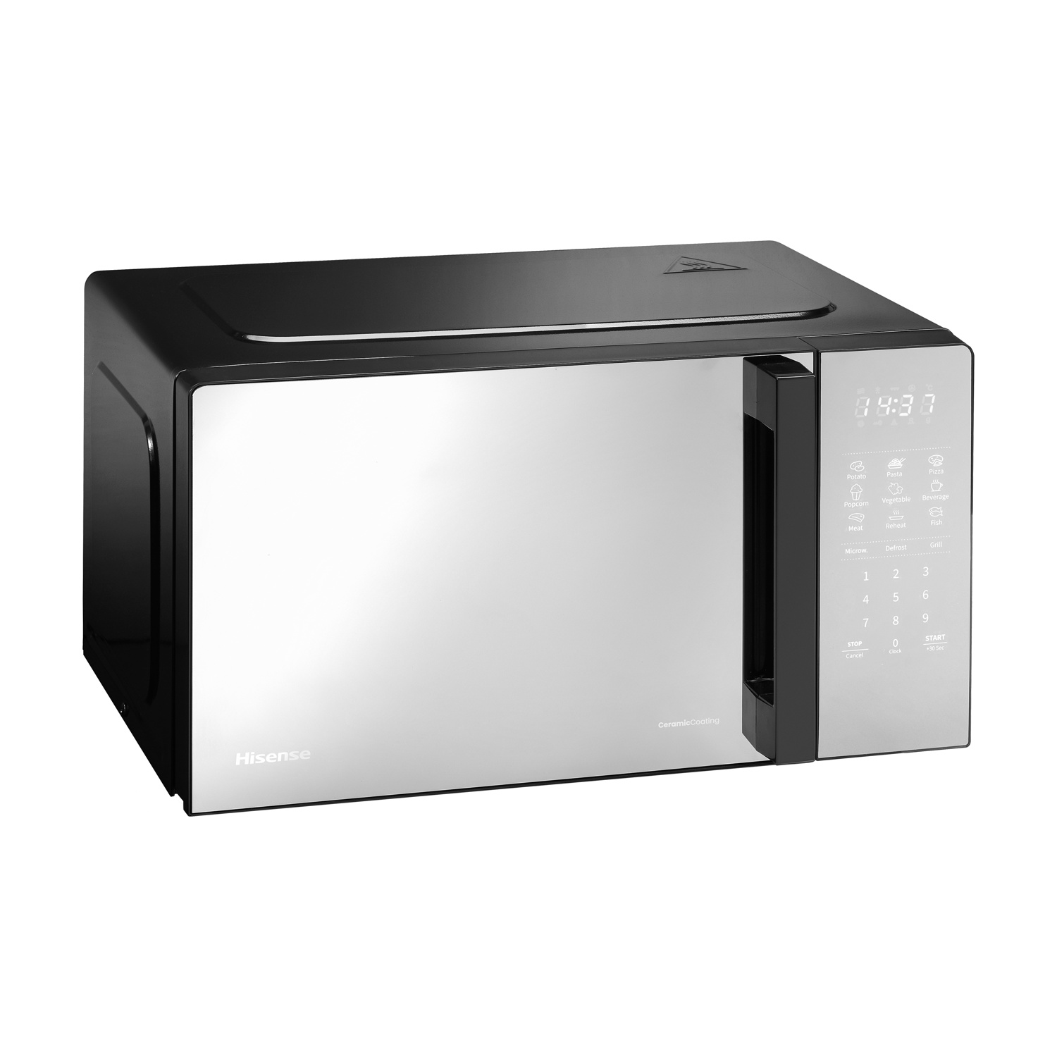 Un forno a microonde Hisense nero e argento con display digitale e pulsanti.