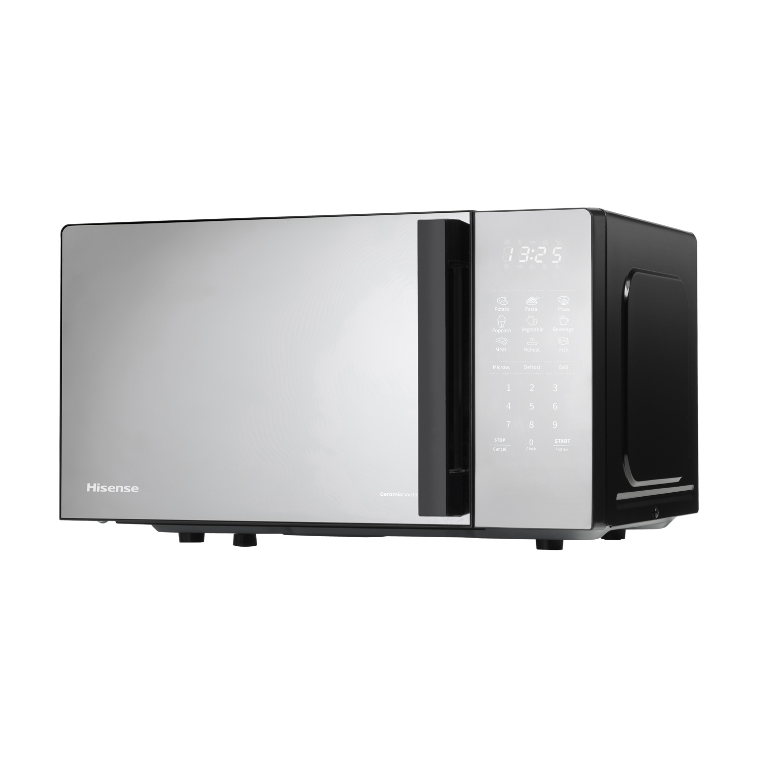 Forno a microonde Hisense argento con display digitale e pannello comandi preimpostato.