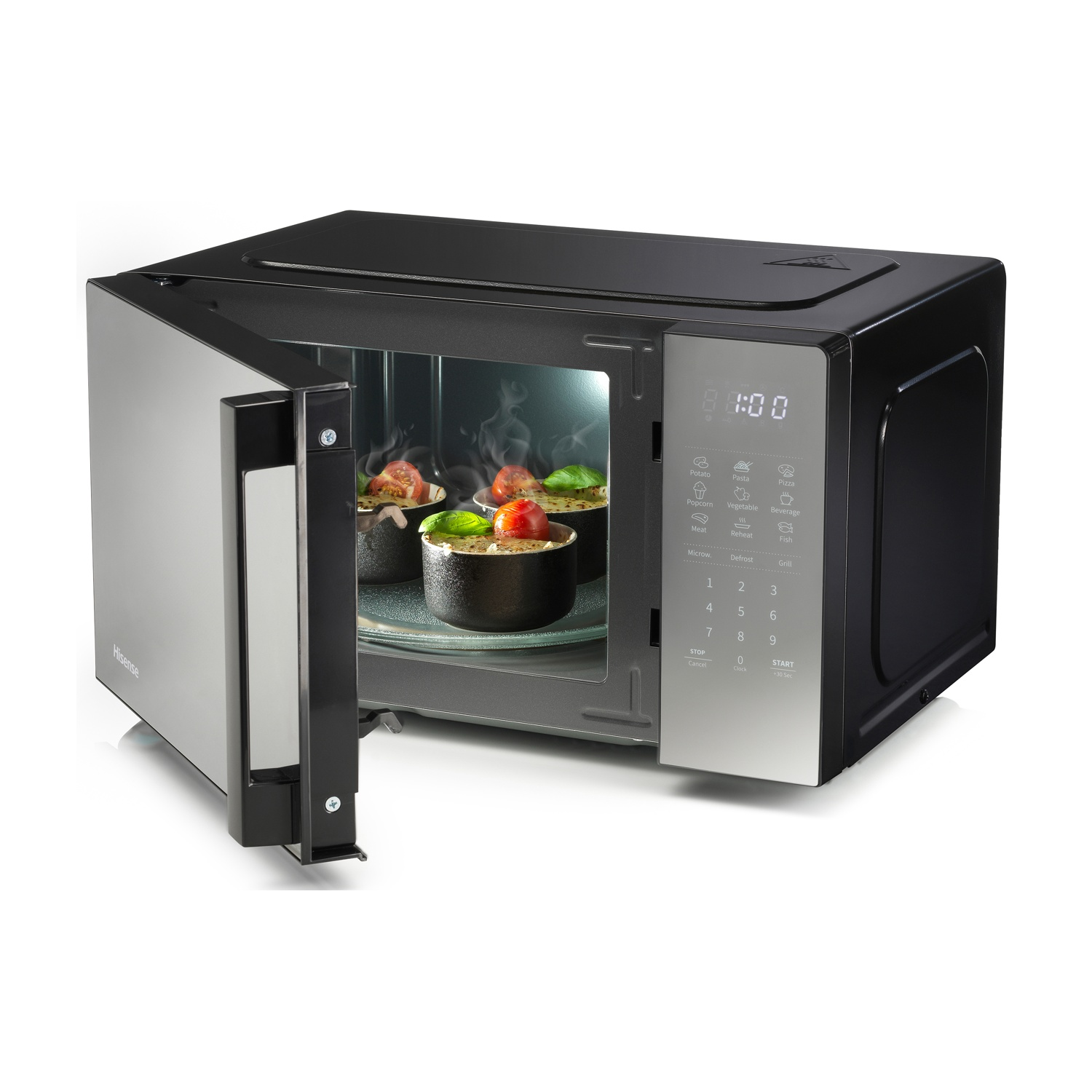 Un microonde aperto con cibo fumante all'interno e display digitale.