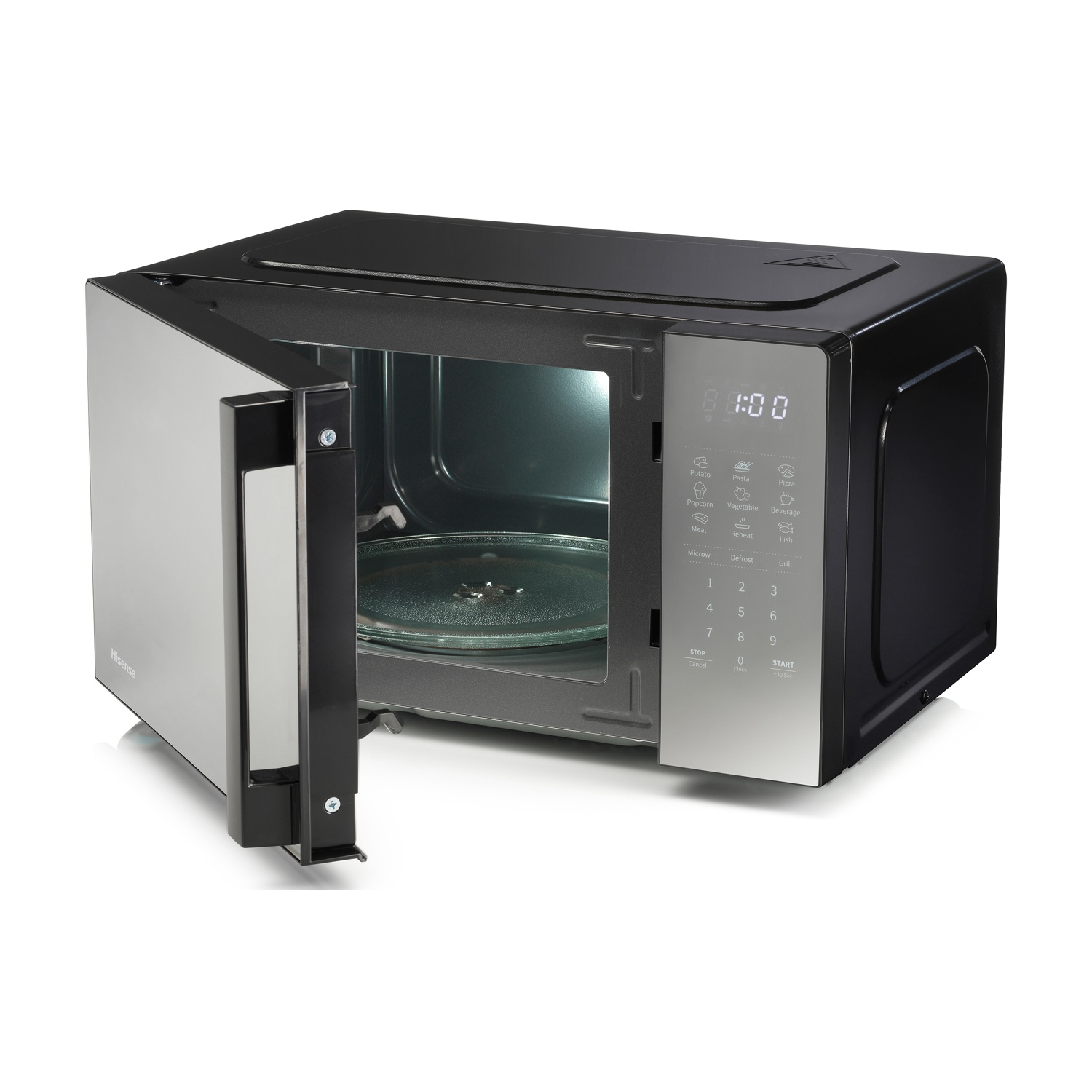 Un forno a microonde Hisense argentato con la porta aperta e display digitale.
