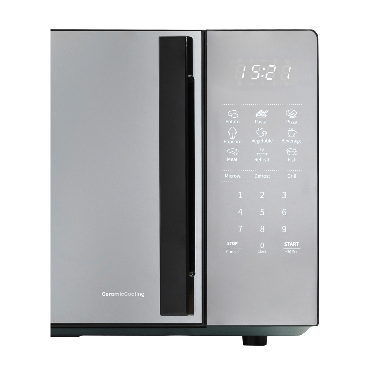 Forno a microonde con display digitale, pulsanti e programmi di cottura.