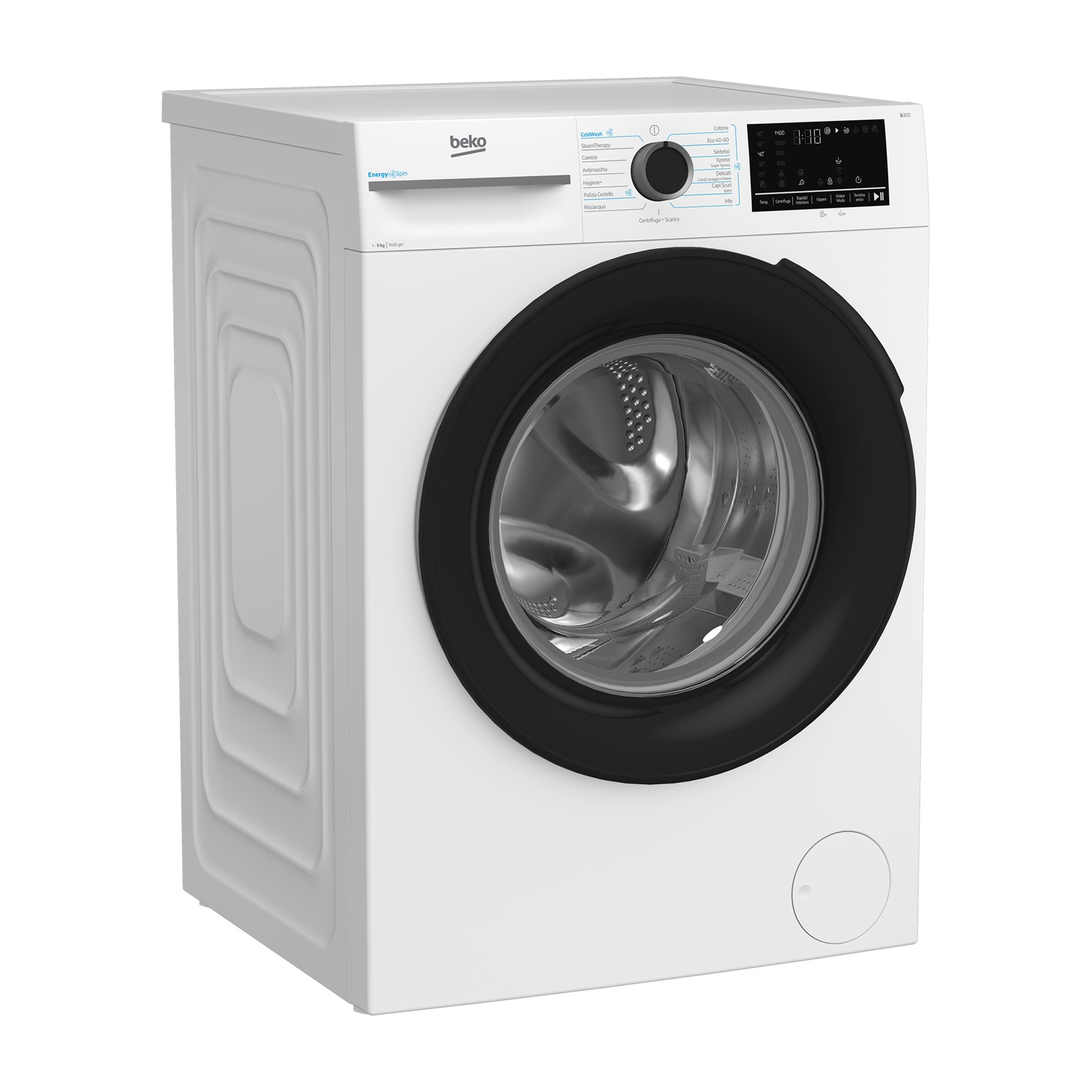 Lavatrice Beko bianca con oblò nero e display digitale.