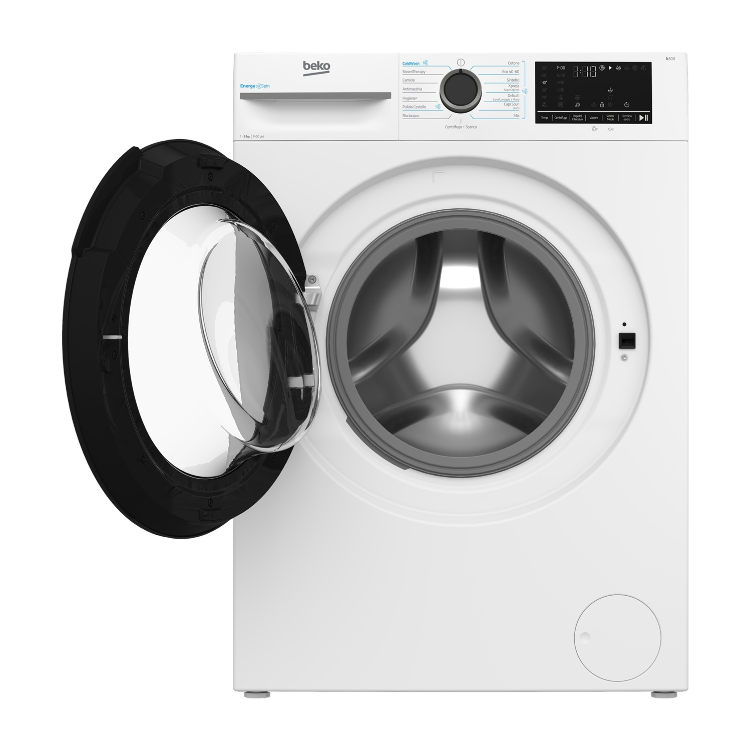 Una lavatrice Beko bianca con oblò aperto e pannello di controllo digitale.