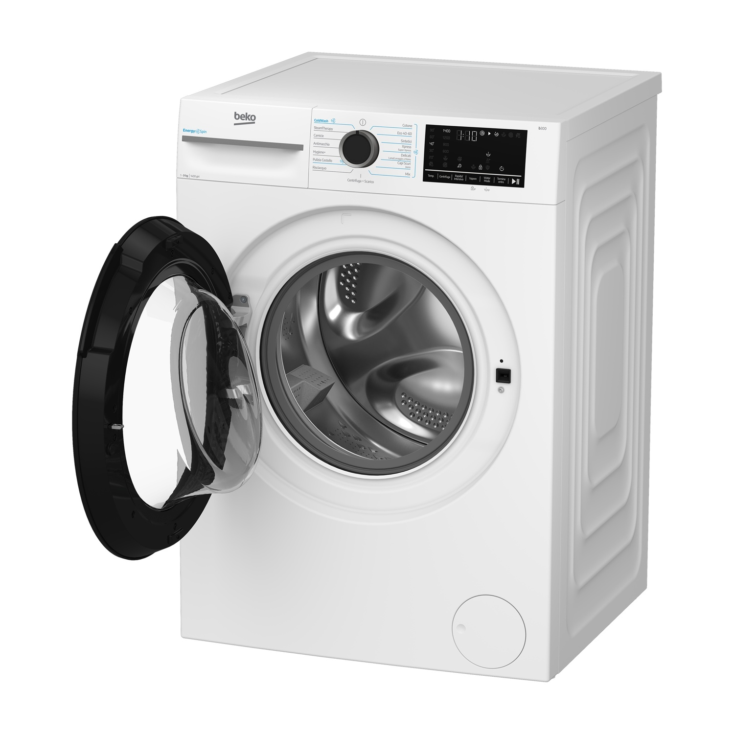 Una lavatrice Beko bianca con oblò aperto e display digitale.