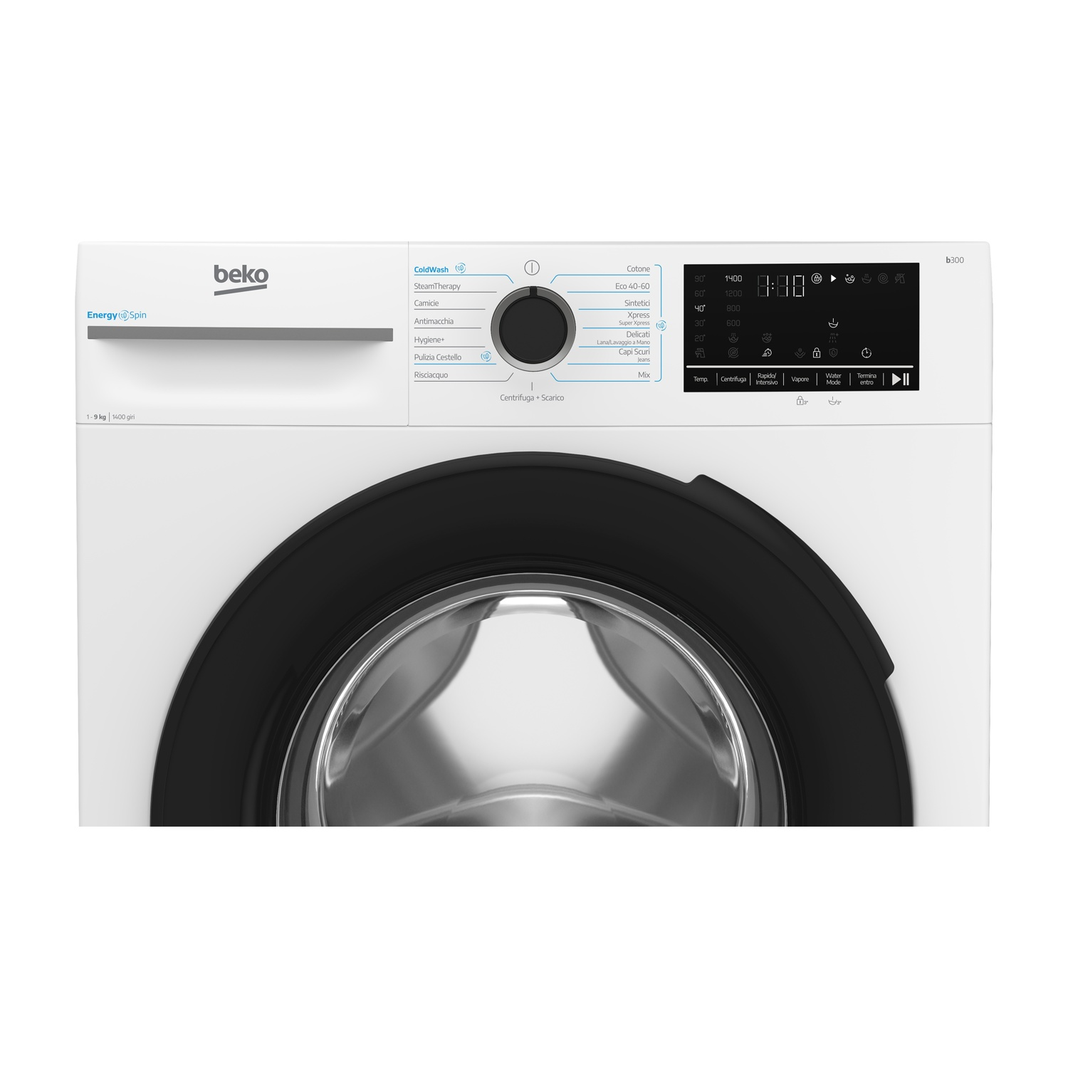 Vista frontale di una lavatrice Beko bianca con oblò nero e pannello di controllo.