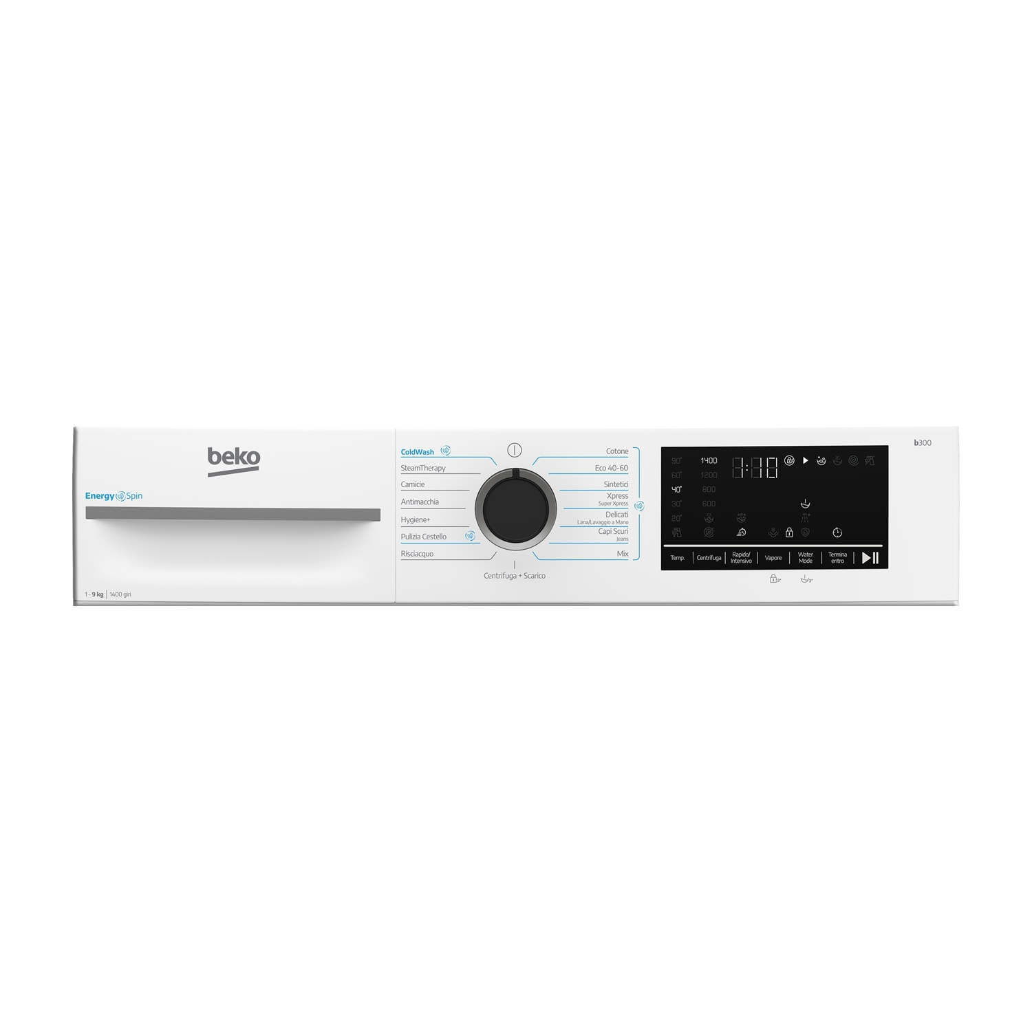Lavatrice Beko con pannello di controllo e selezione programmi. Sinistra "Energy Spin", destra "b300".
