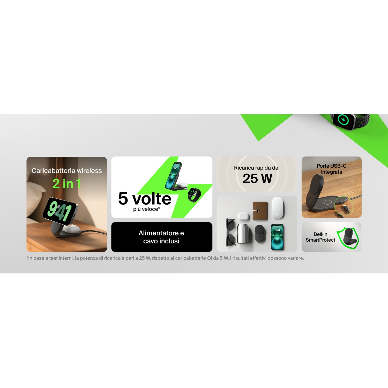 Caricabatteria wireless 2 in 1 con ricarica rapida 25W e porta USB-C integrata.