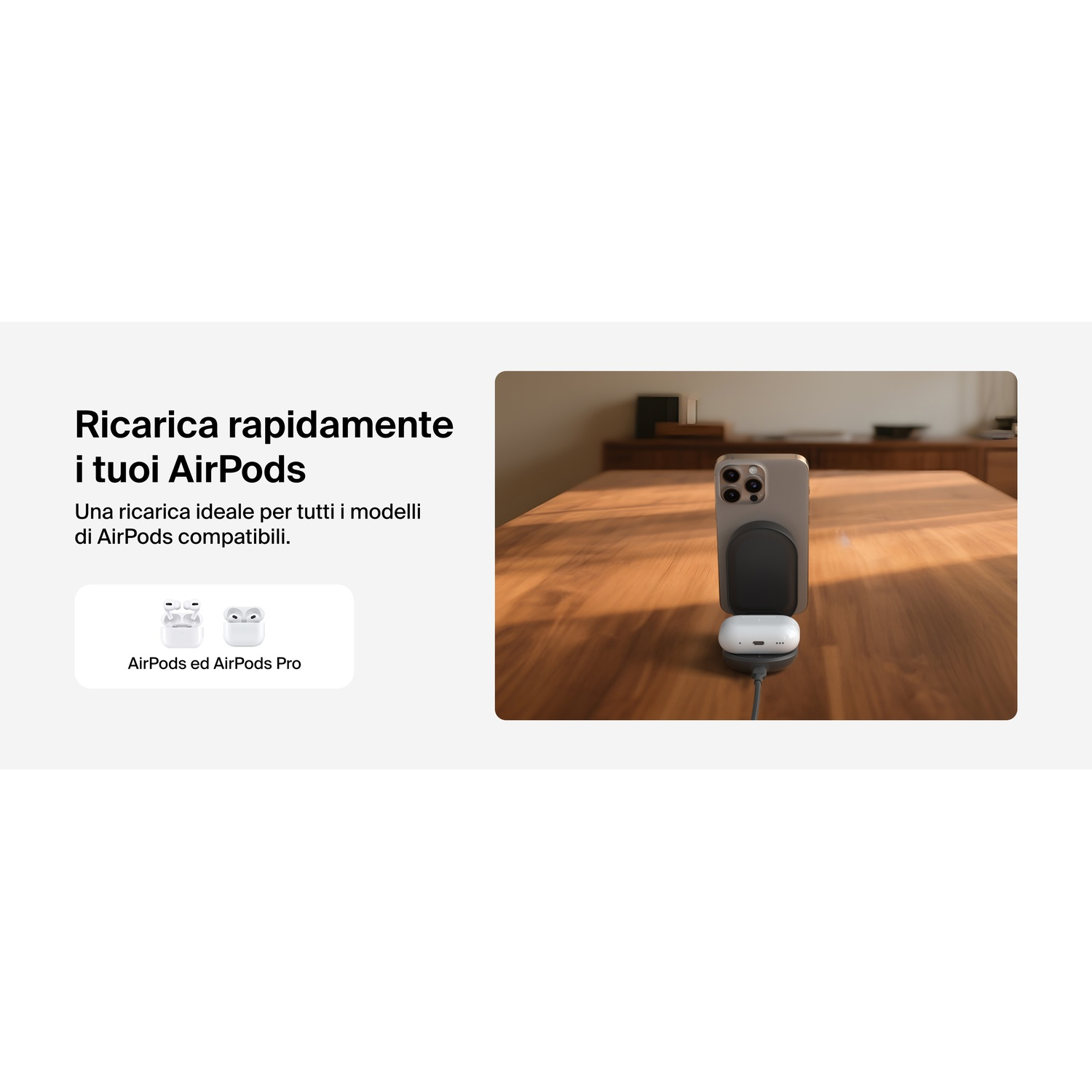 Un iPhone carica una custodia AirPods su un tavolo di legno. AirPods e AirPods Pro.