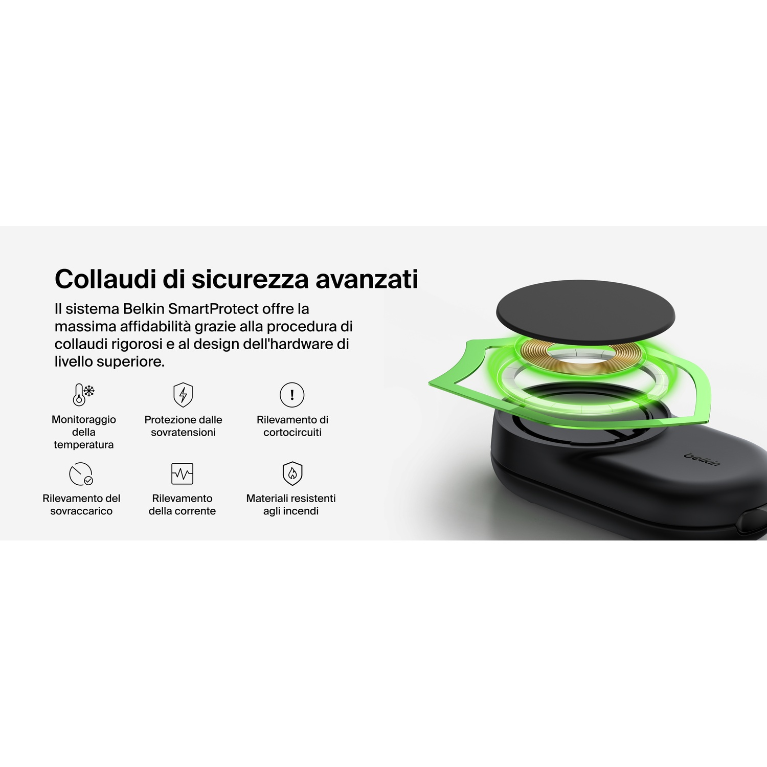 Un dispositivo Belkin nero con accenti verdi, che mostra funzioni di sicurezza avanzate.