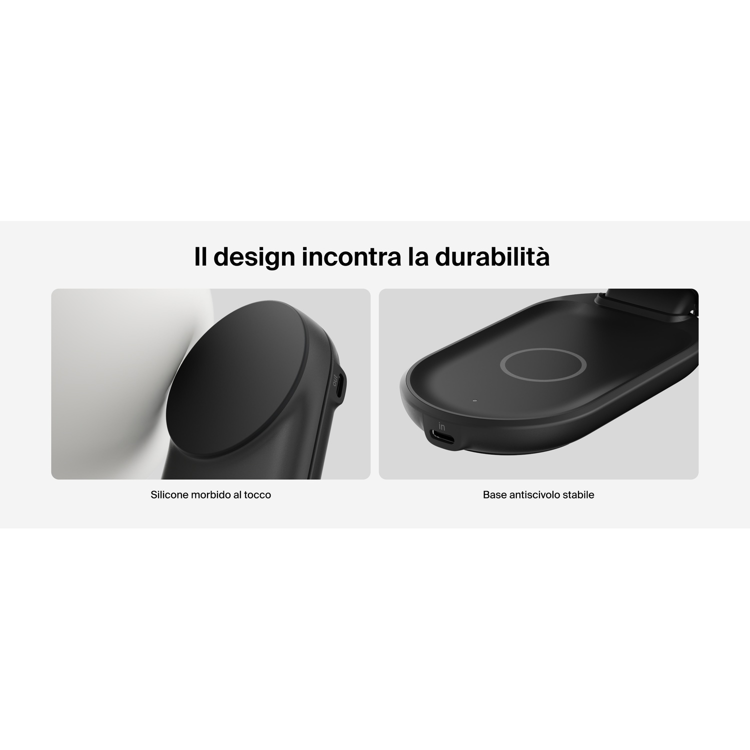 Un pad di ricarica doppio nero con area di ricarica rotonda e porta USB-C.