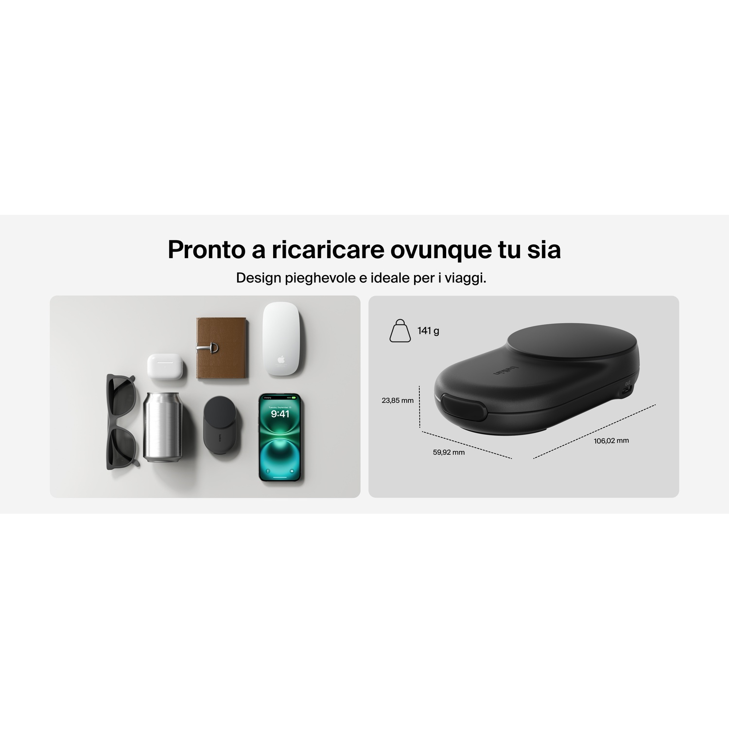 Vista piana essenziali da viaggio: occhiali, lattina, AirPods, telefono, mouse. Dimensioni caricatore.