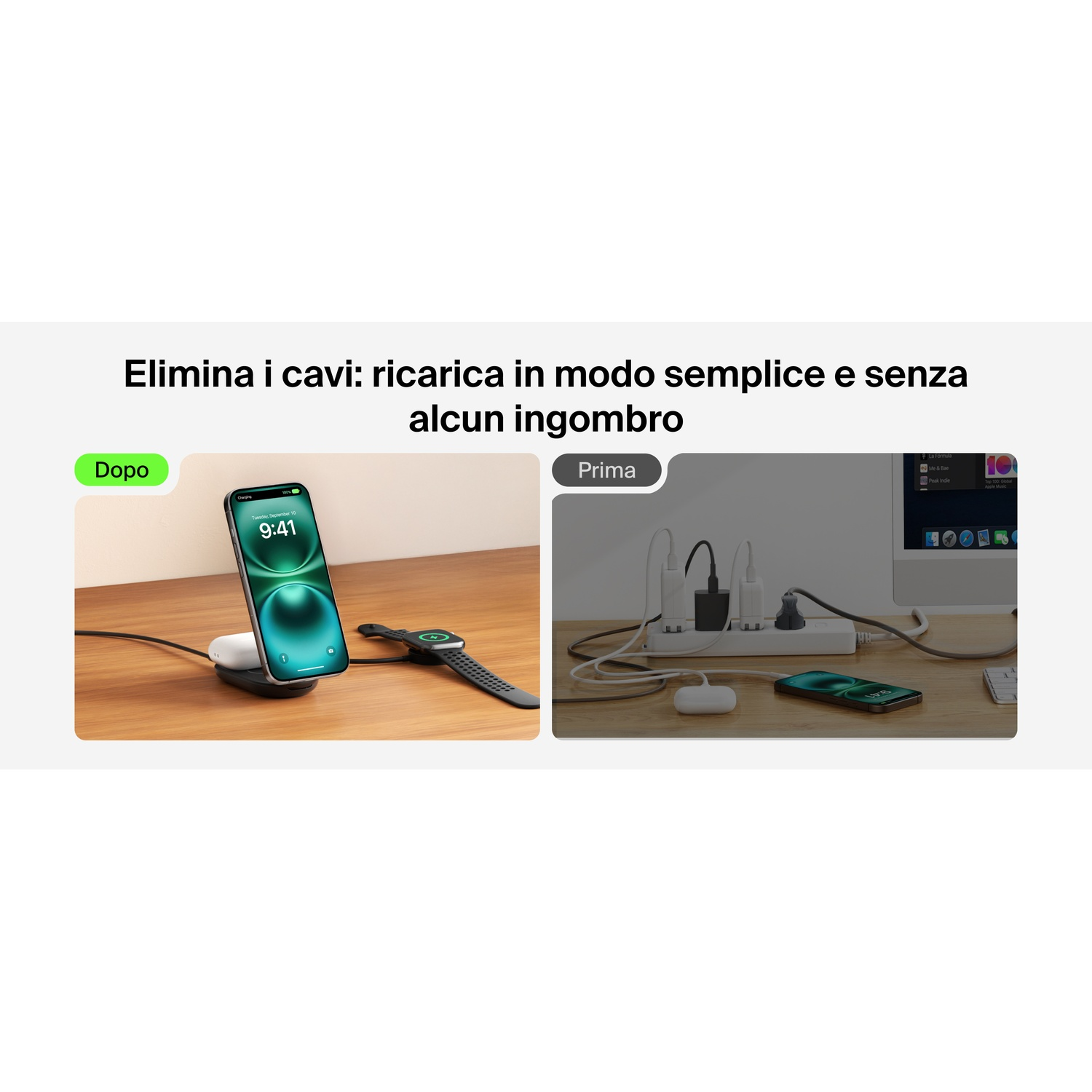 Sinistra: iPhone, AirPods, orologio in carica. Destra: Cavi, caricatori, computer.