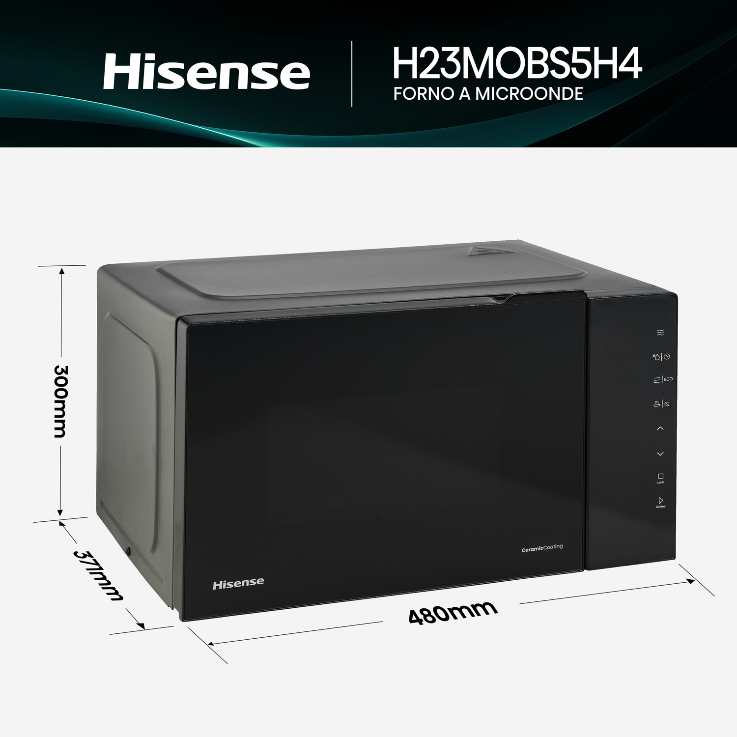 Microonde Hisense nero con controlli digitali e dimensioni indicate.