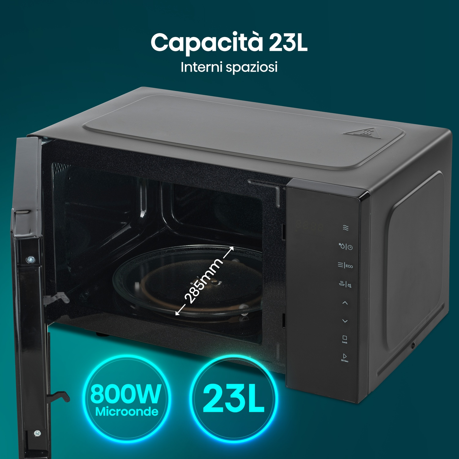 Microonde nero con porta aperta, capacità 23L, potenza 800W.