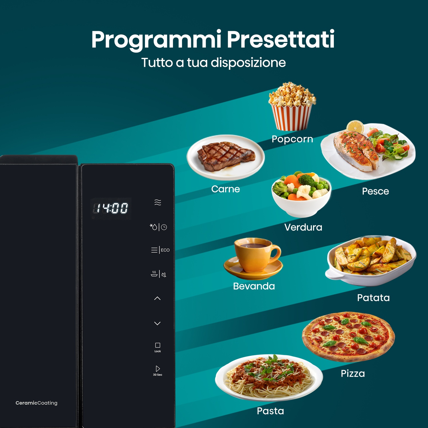 Forno a microonde con programmi preimpostati: carne, popcorn, pesce, verdura, bevanda, patata, pizza, pasta.