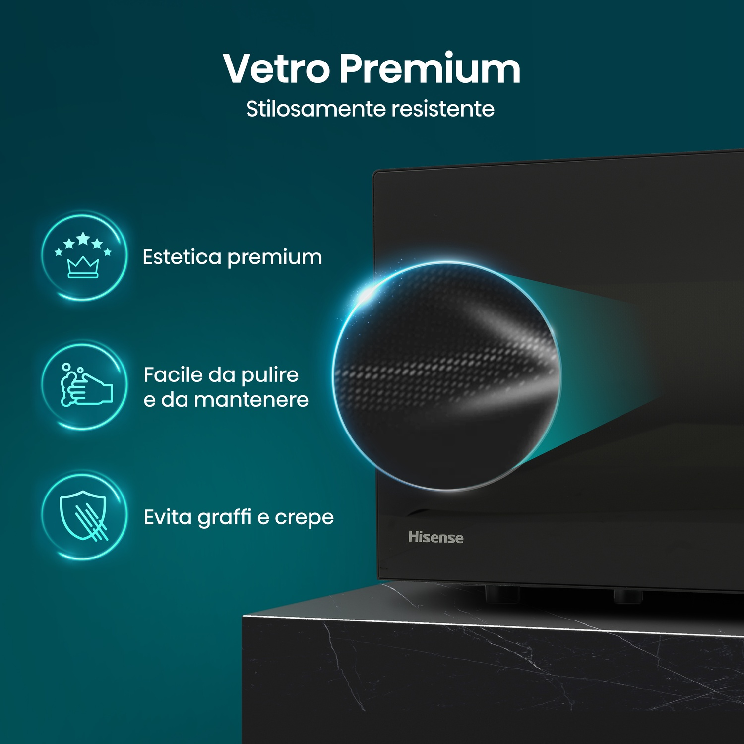 Apparecchio Hisense nero con vetro premium. Etichette: estetica premium, facile da pulire, antigraffio.