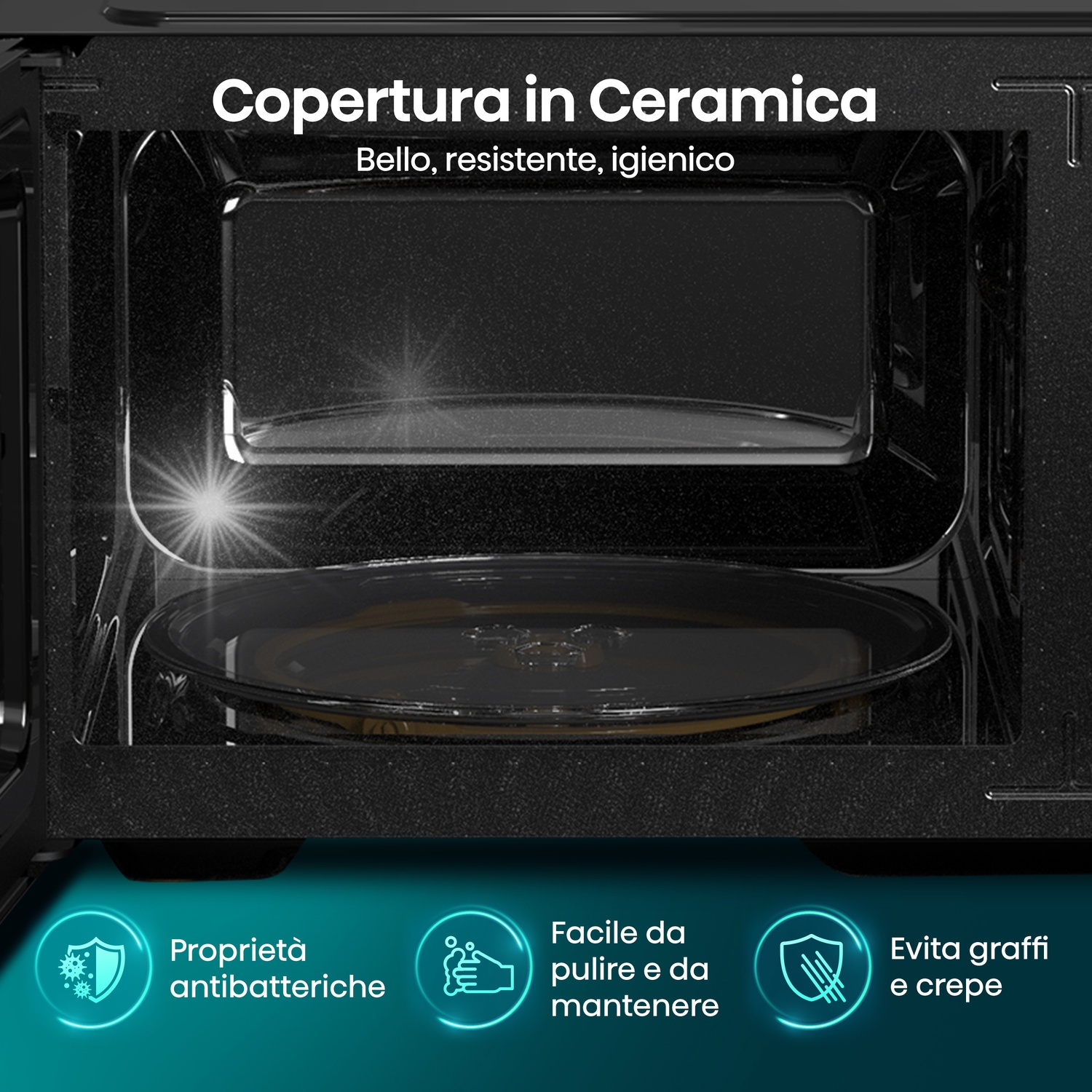 Interno microonde con rivestimento ceramica, piatto rotante e icone.