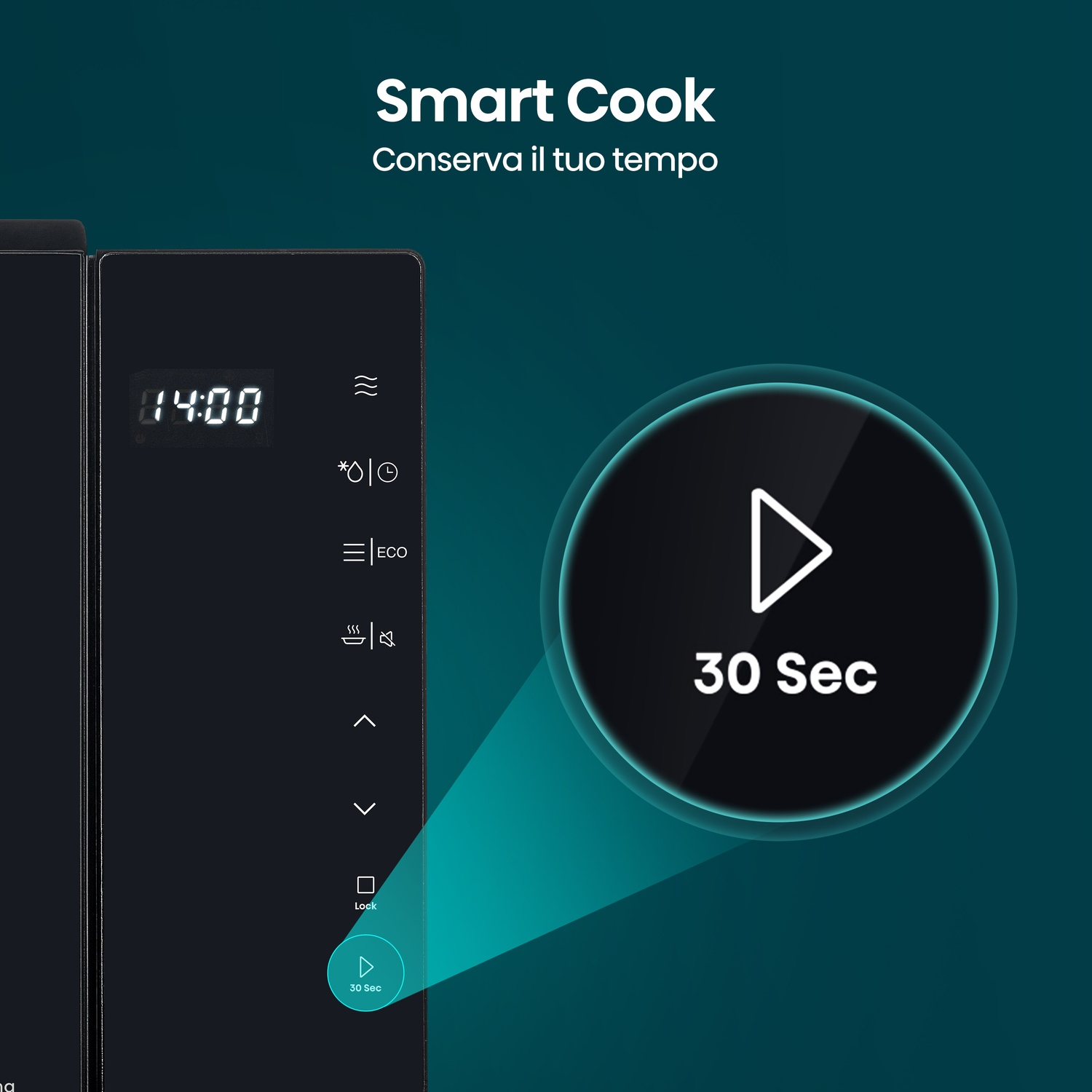 Il display nero del microonde mostra 14:00. Cerchio con icona play e 30 sec.