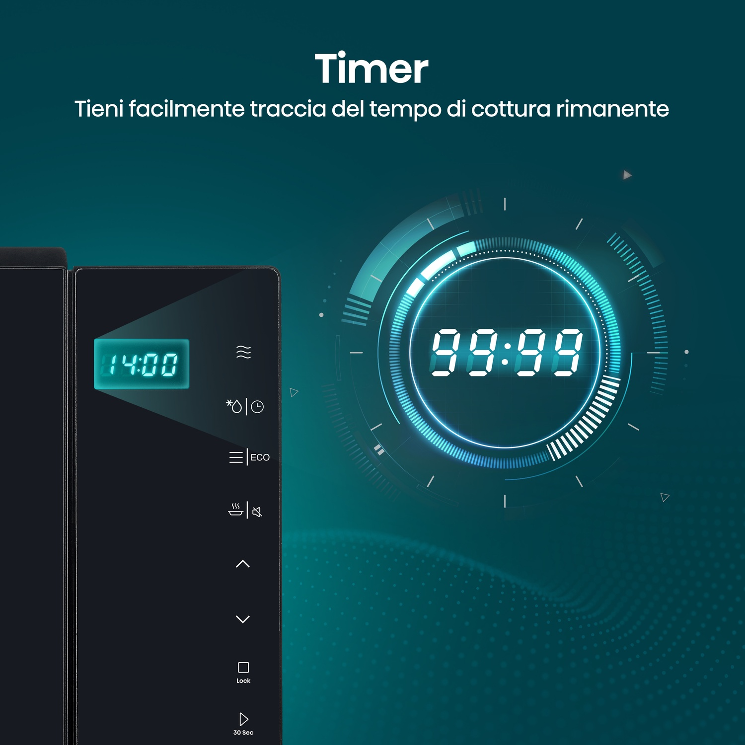 Un timer mostra 14:00 su un display scuro, accanto a un timer circolare digitale che mostra 99:99.